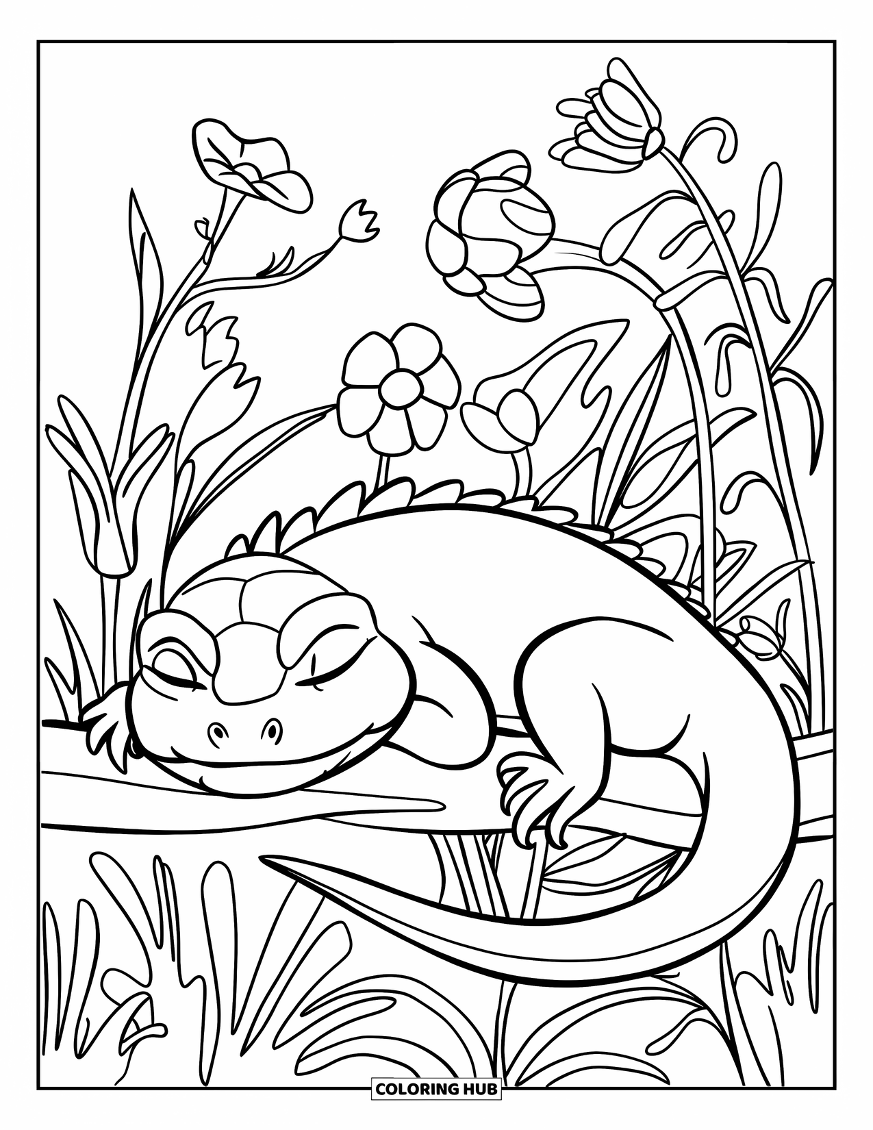 Lizard Coloring Page for Kids: A sleepy lizard rests beside blooming wildflowers on a quiet day