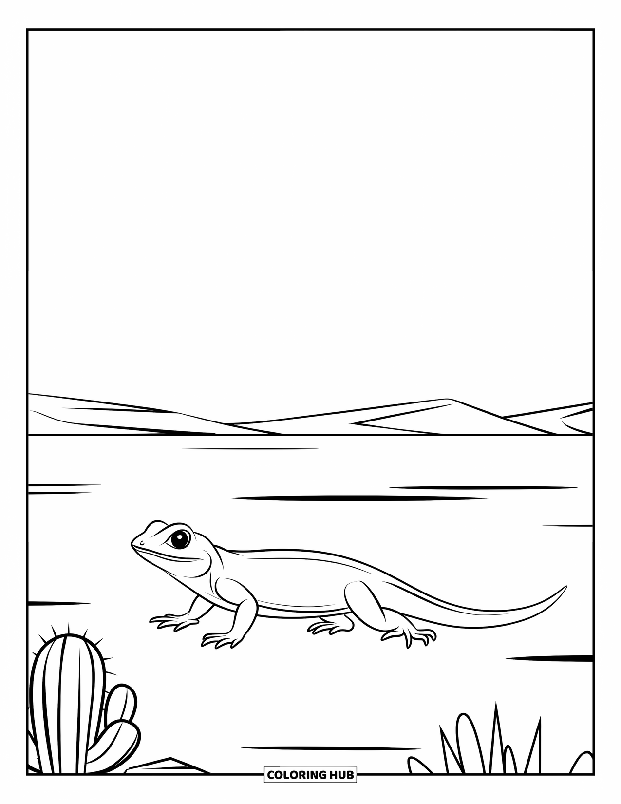 Lizard Coloring Page for Kids: A slow-moving lizard crosses a flat desert near a small cactus