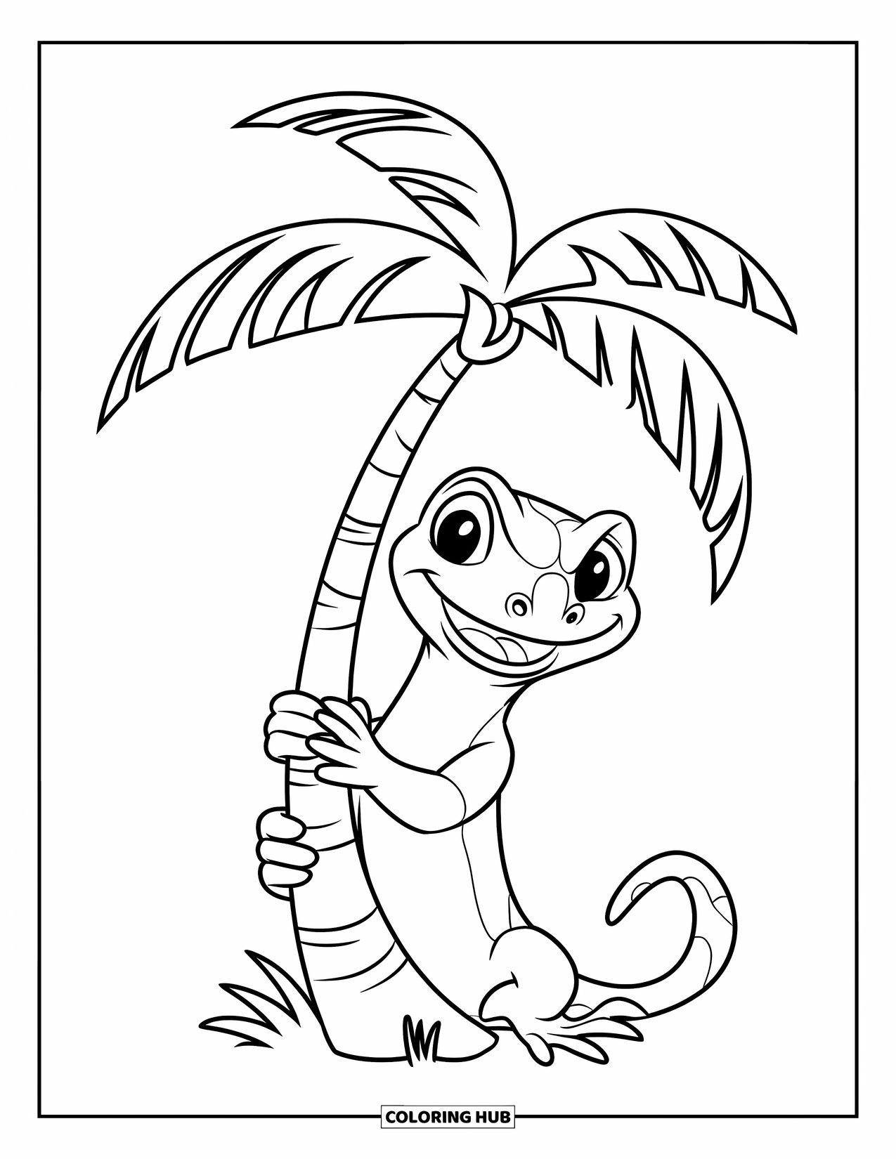 Lizard Coloring Page for Kids: A smiling lizard hugs a palm tree with big round eyes