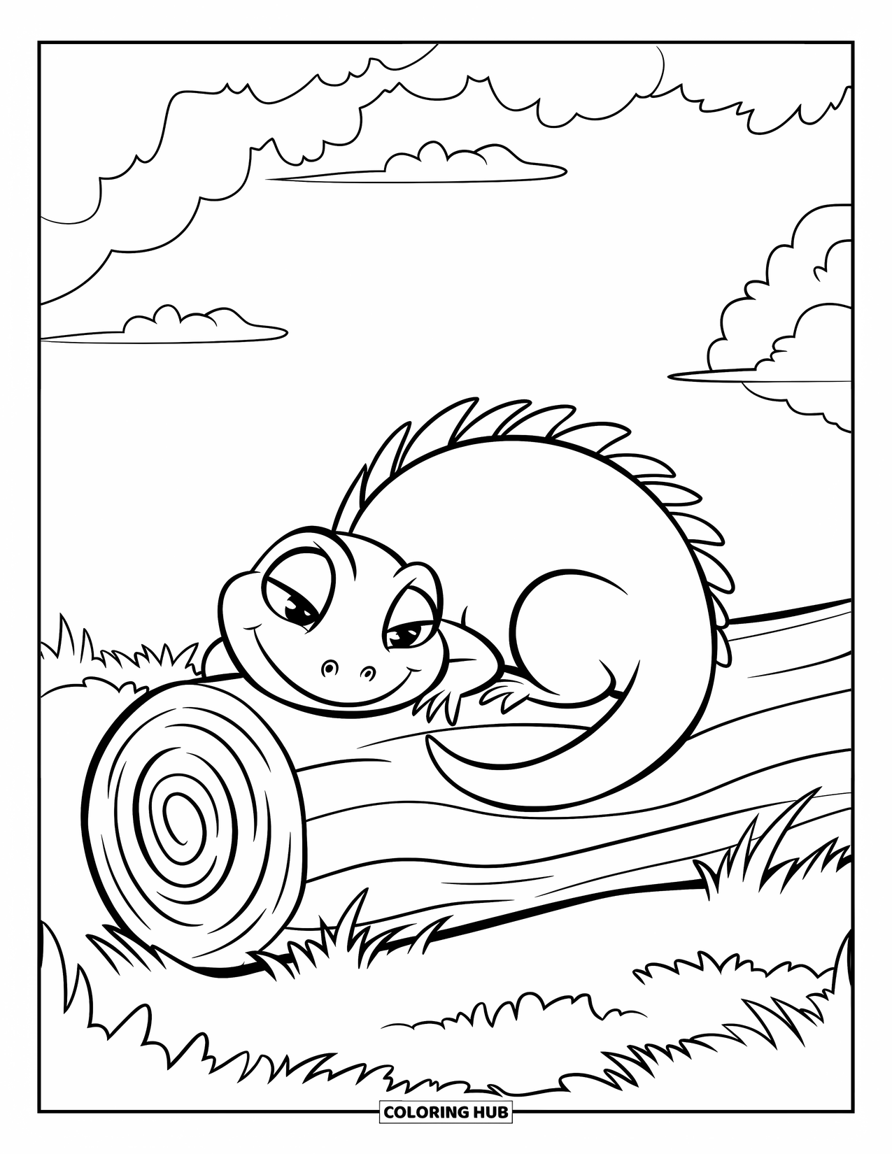 Lizard Coloring Page for Kids: A smiling lizard rests on a log in the sunshine