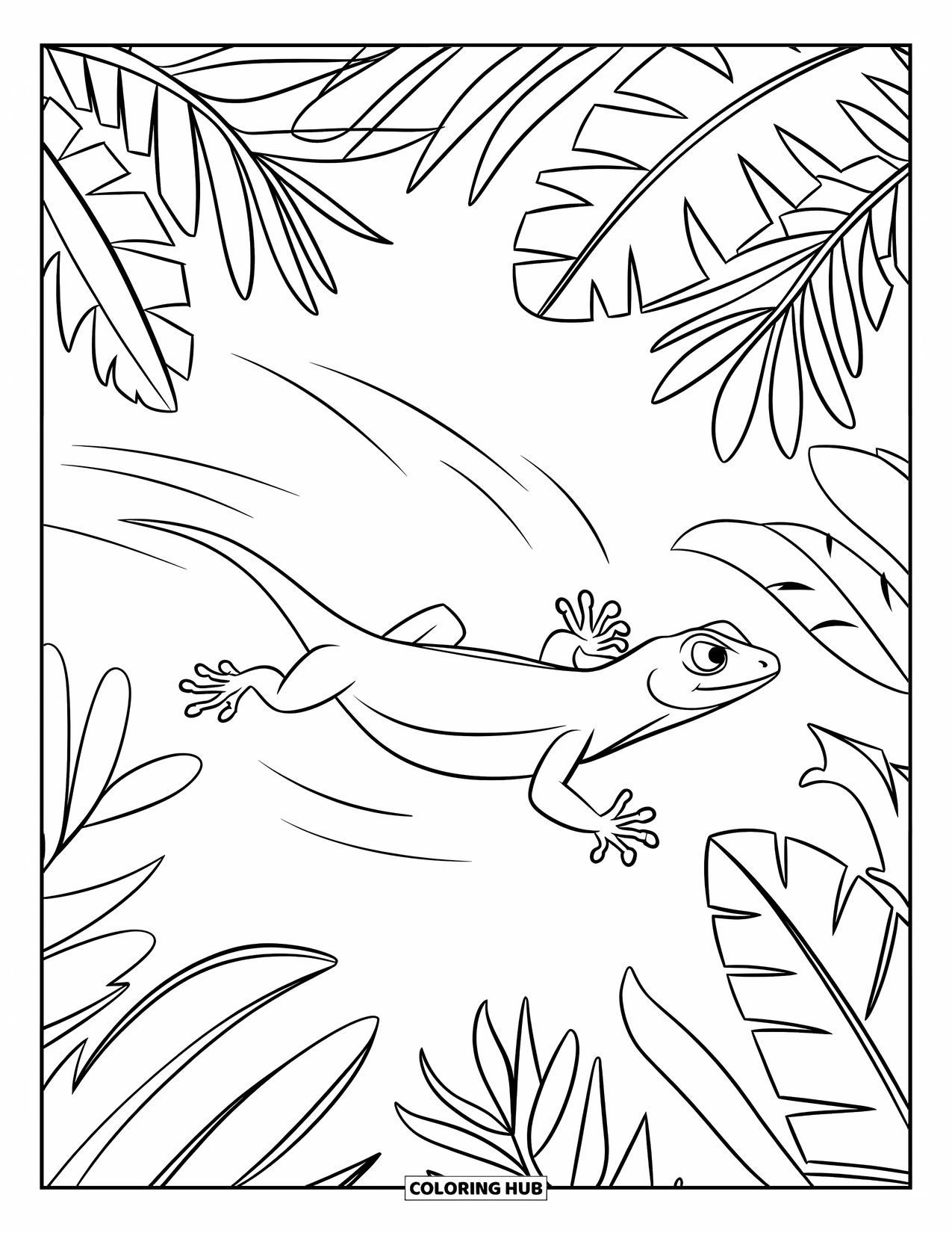 Lizard Coloring Page for Kids: A speedy lizard darts between tropical plants with motion lines trailing behind