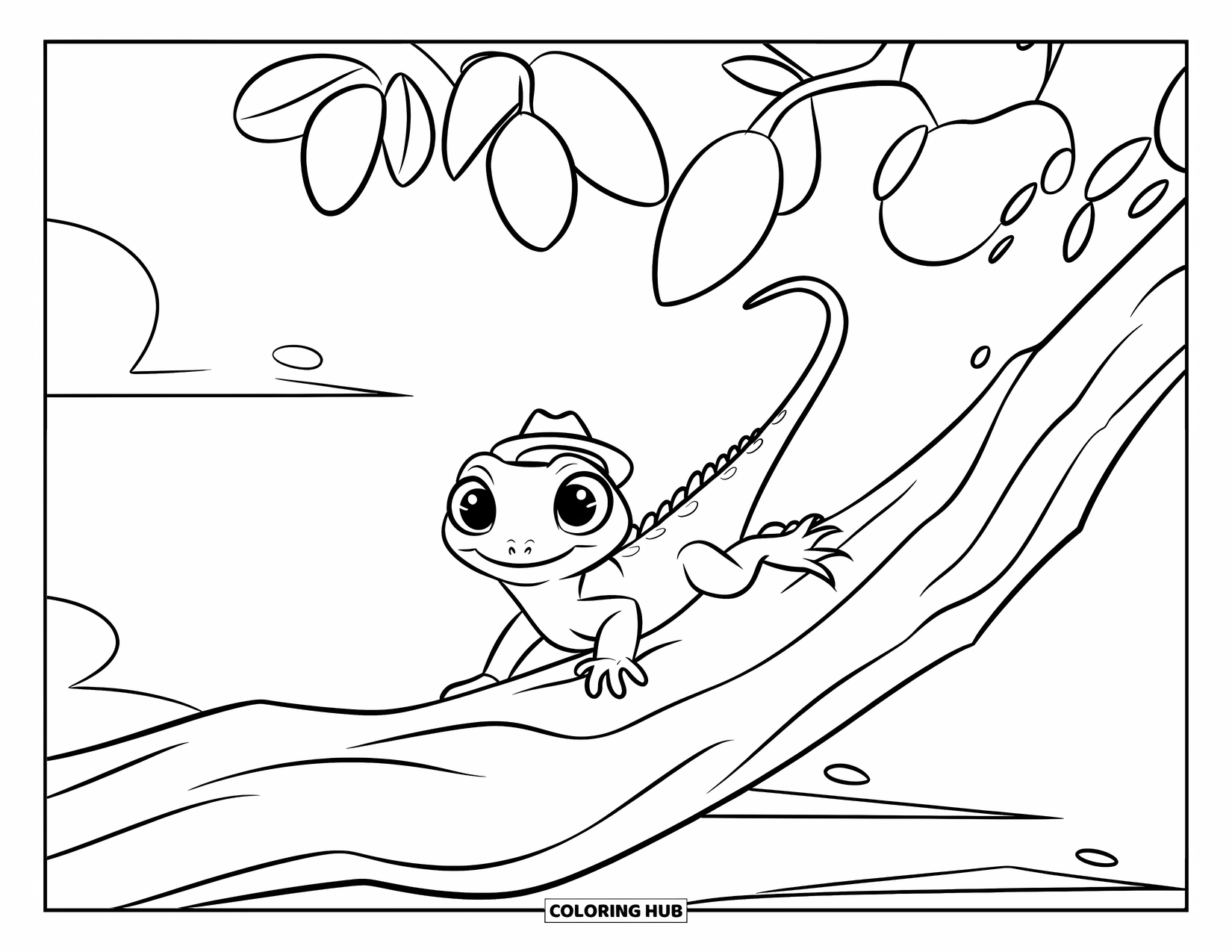 Lizard Coloring Page for Kids: A tiny hat-wearing lizard climbs a thick branch under a sunny sky