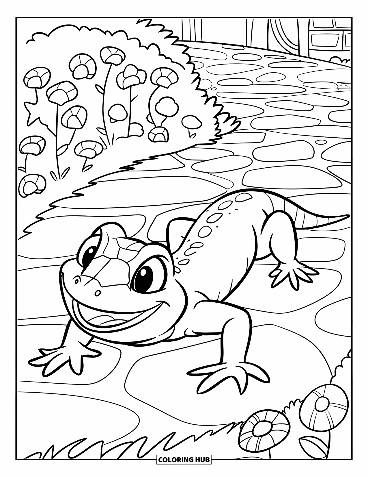 Lizard Coloring Page for Kids: A wide-eyed lizard grins on a path near flowers and a little building