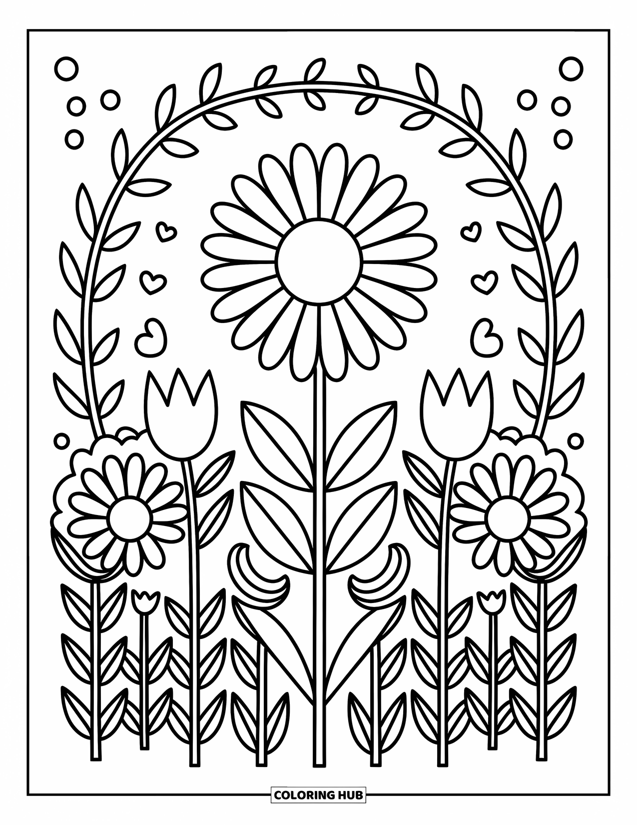 Kolorowanka Mandala dla dorosłych: Duża stokrotka w centrum z tulipanami, różami i słonecznikami w kwiatowych warstwach