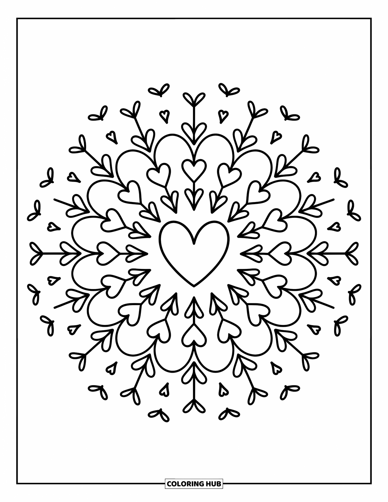 Kolorowanka Mandala dla dorosłych: Duże serce z małymi kokardkami, kropkami i lokami wstążki we wzorze mandali