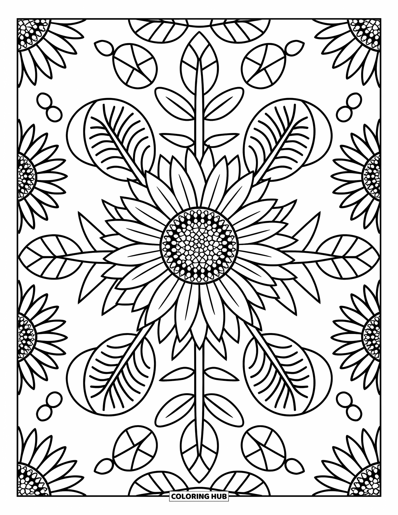 Kolorowanka Mandala dla dorosłych: Duży słonecznik z mniejszymi kwiatami, liśćmi i powtarzającymi się klastrami płatków