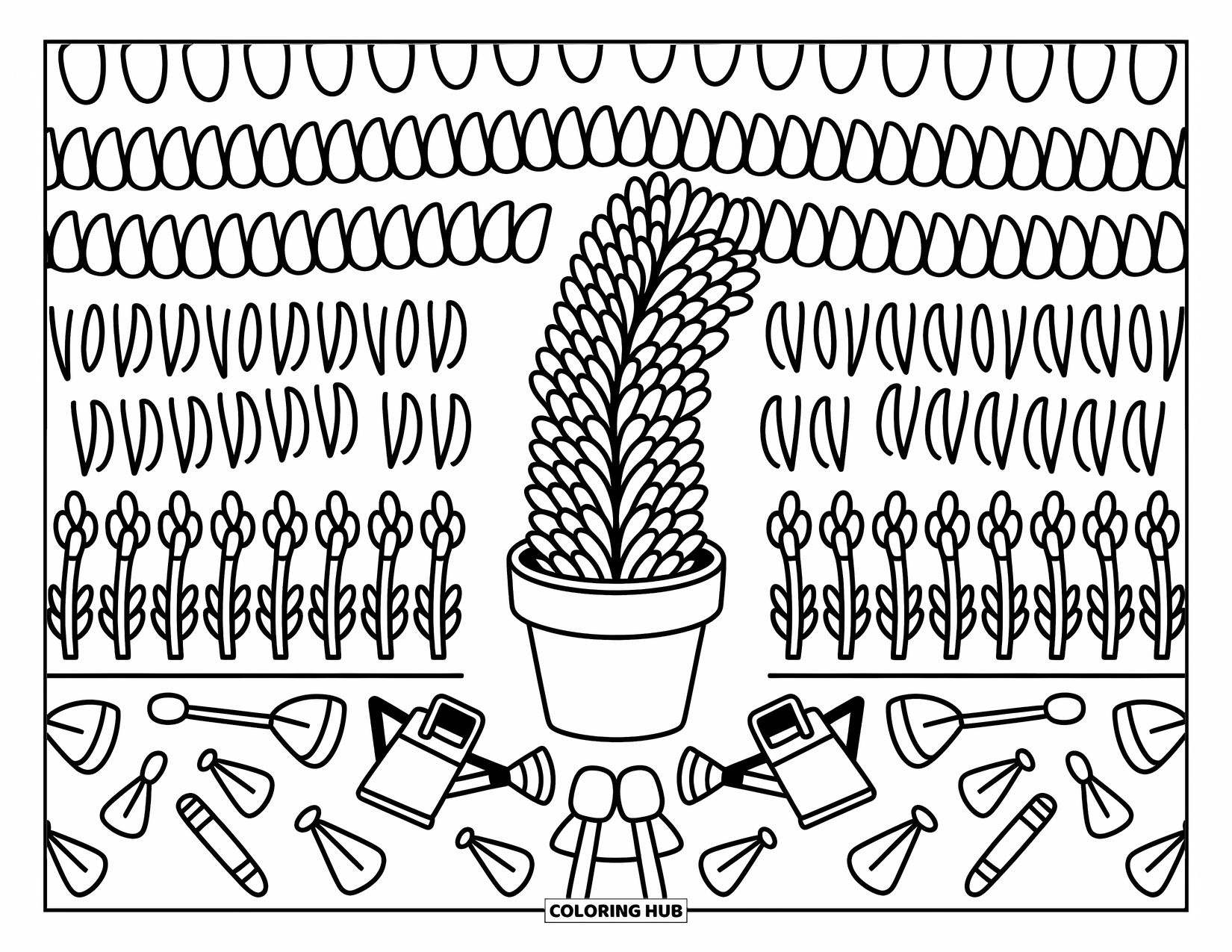 Kolorowanka Mandala dla dorosłych: Kwitnąca doniczka pośrodku z liśćmi, kwiatami i ogrodowymi bazgrołami