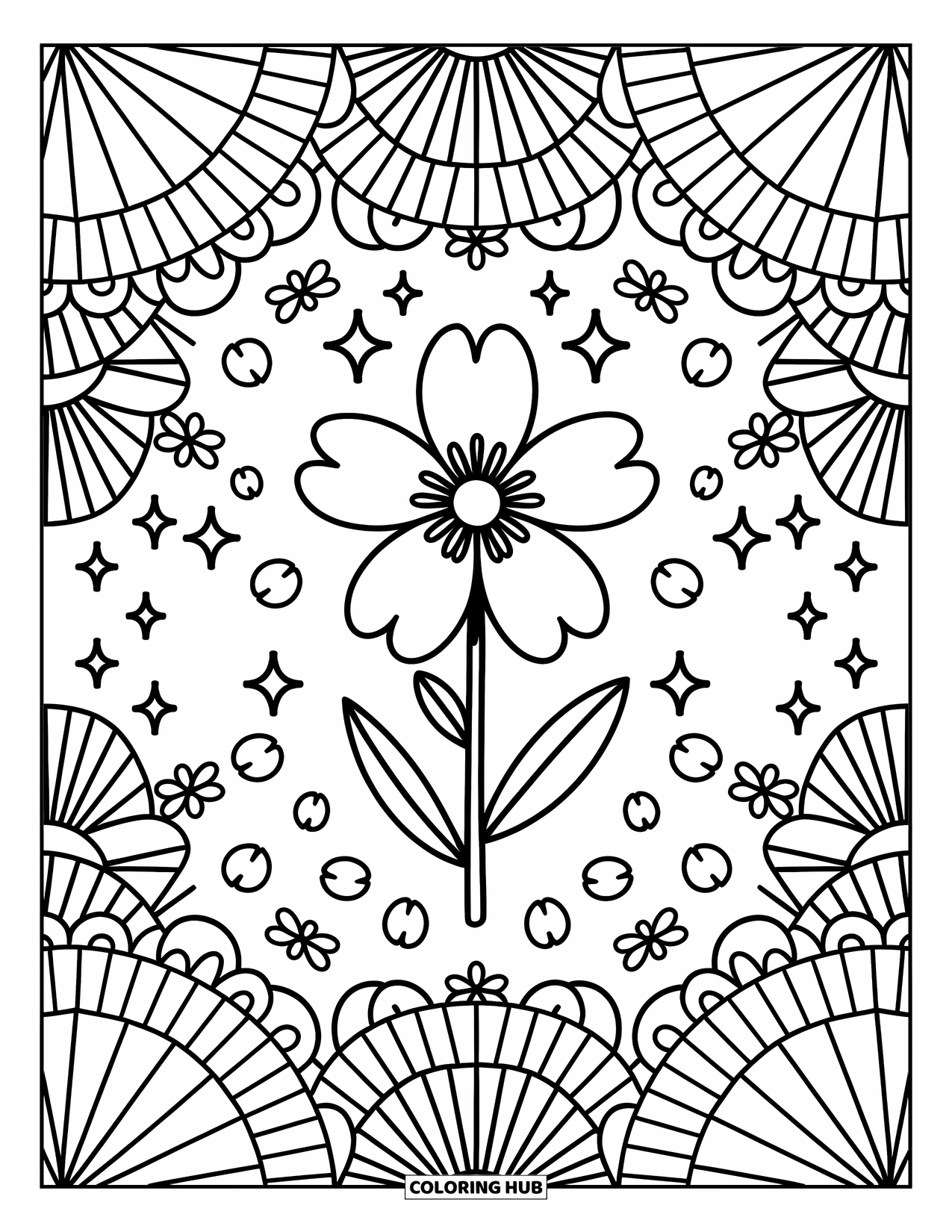Kolorowanka Mandala dla dorosłych: Kwiat otoczony maleńkimi wachlarzami, iskierkami i kokardkami w układzie inspirowanym festiwalem