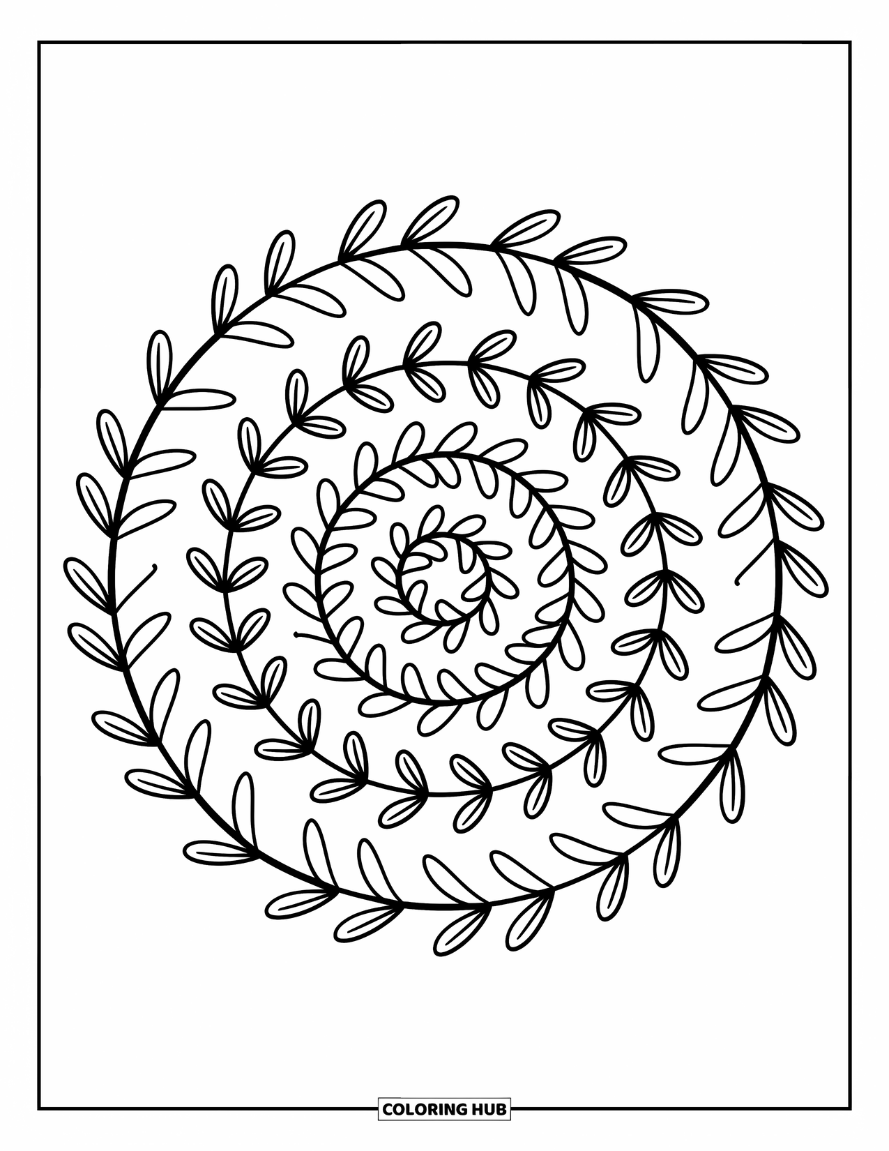 Kolorowanka Mandala dla dorosłych: Botaniczna spirala z bluszczem, liśćmi i jagodami w delikatnej mandali