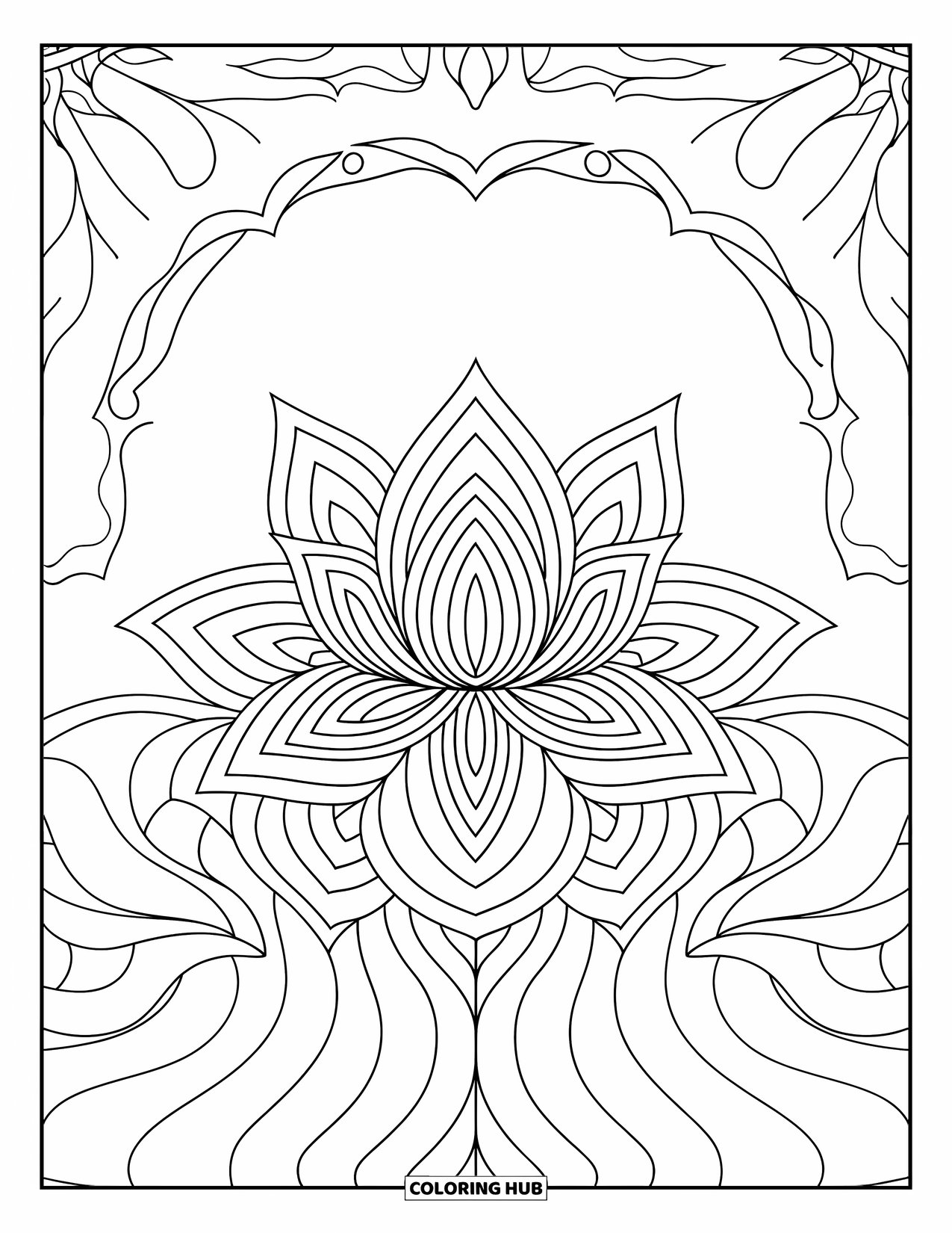 Kolorowanka Mandala dla dorosłych: Wyśrodkowany kwiat lotosu z eleganckimi płatkami i czystą przestrzenią