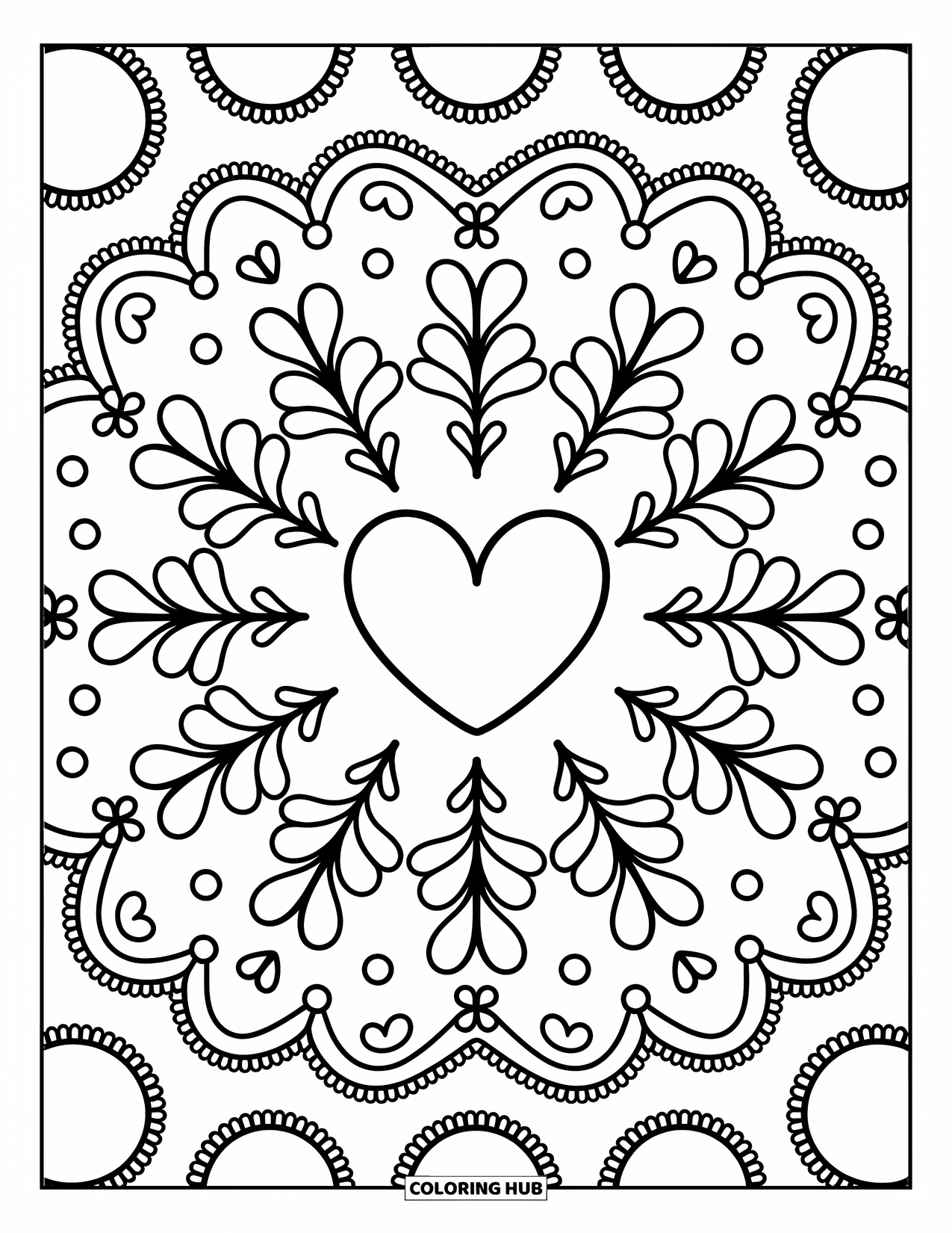 Kolorowanka Mandala dla dorosłych: Centralne serce z maleńkimi kokardkami, lokami i gałązkami w słodkim, okrągłym układzie