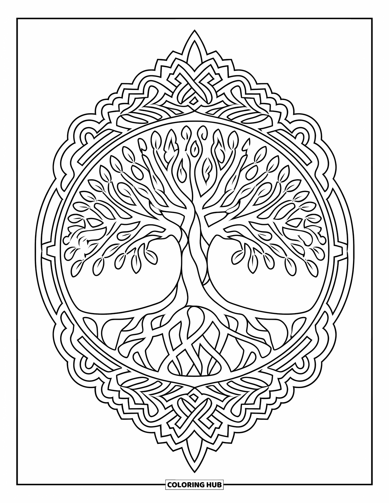 Kolorowanka Mandala dla dorosłych: Centralne drzewo życia ze skomplikowanymi korzeniami i otaczającymi wzorami