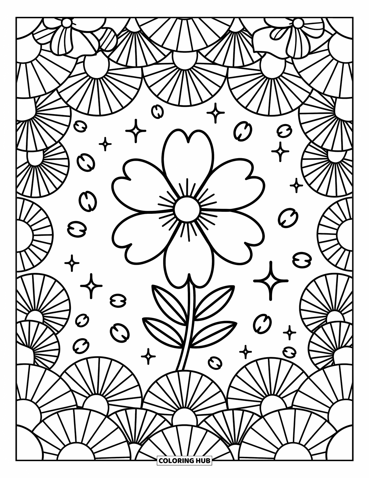 Kolorowanka Mandala dla dorosłych: Kwiat wiśni pośrodku ze złożonymi wachlarzami, iskierkami i parasolkami w miękkich pierścieniach
