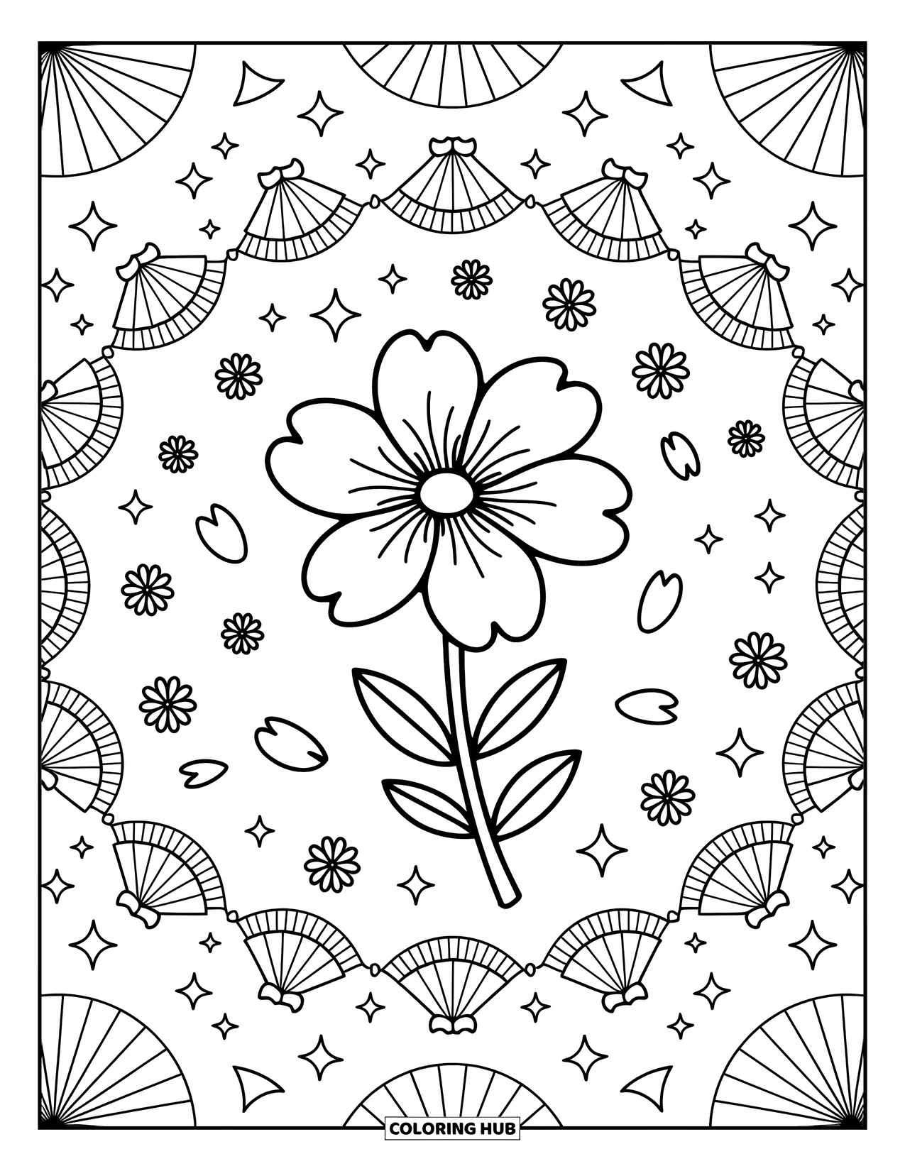 Kolorowanka Mandala dla dorosłych: Mandala z kwiatami wiśni z parasolkami, wachlarzami i opadającymi płatkami w uroczych, kwiatowych pętlach