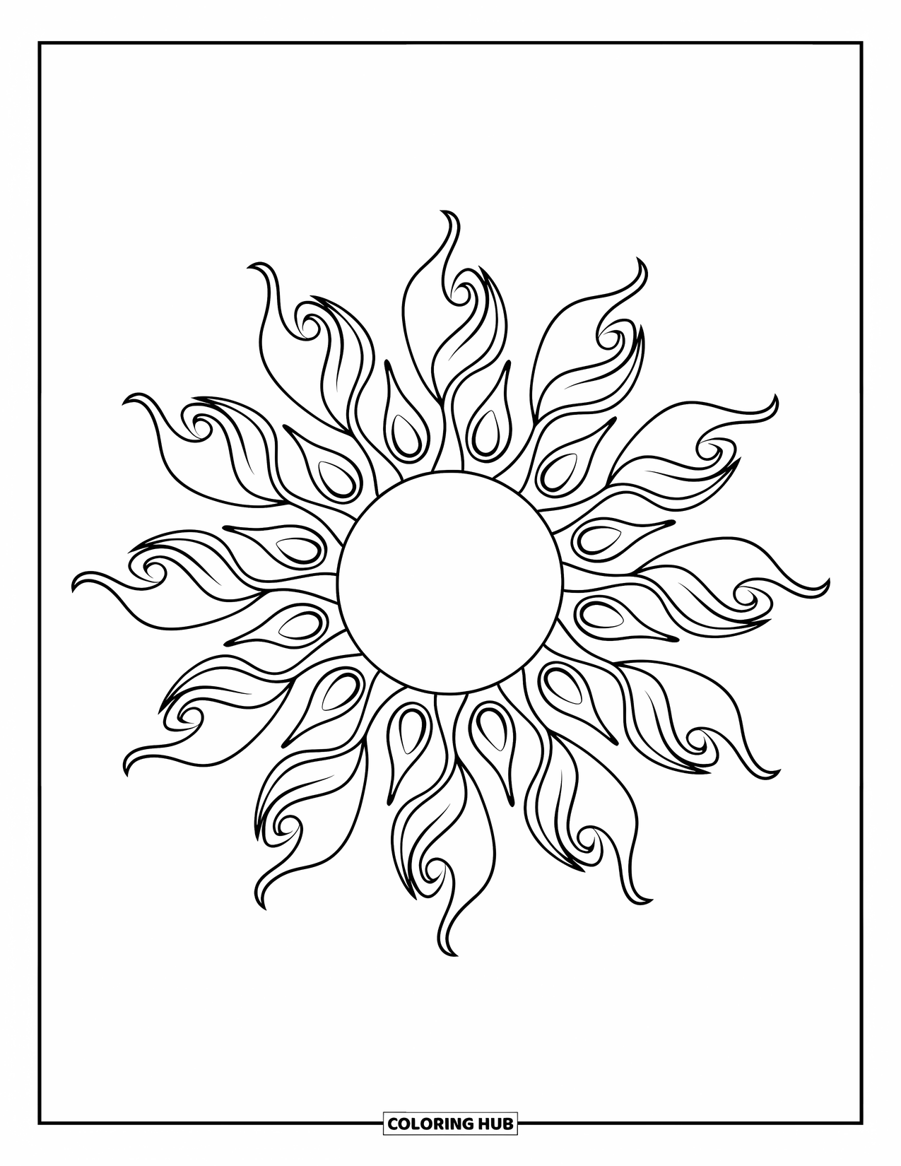 Kolorowanka Mandala dla dorosłych: Okrągła mandala słoneczna z płomieniami i delikatnymi detalami pnączy