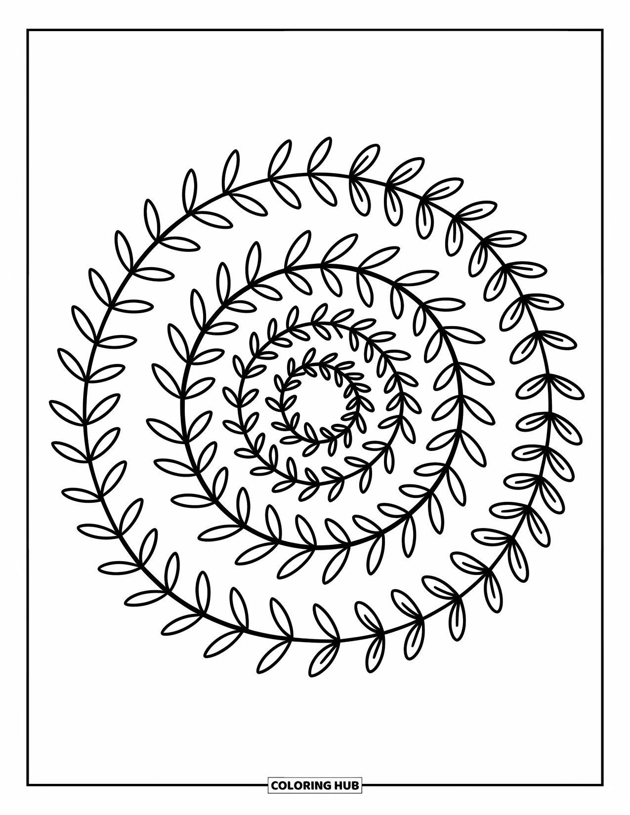 Kolorowanka Mandala dla dorosłych: Pnącza tworzą pierścienie z paprociami i miękkimi, liściastymi pętlami