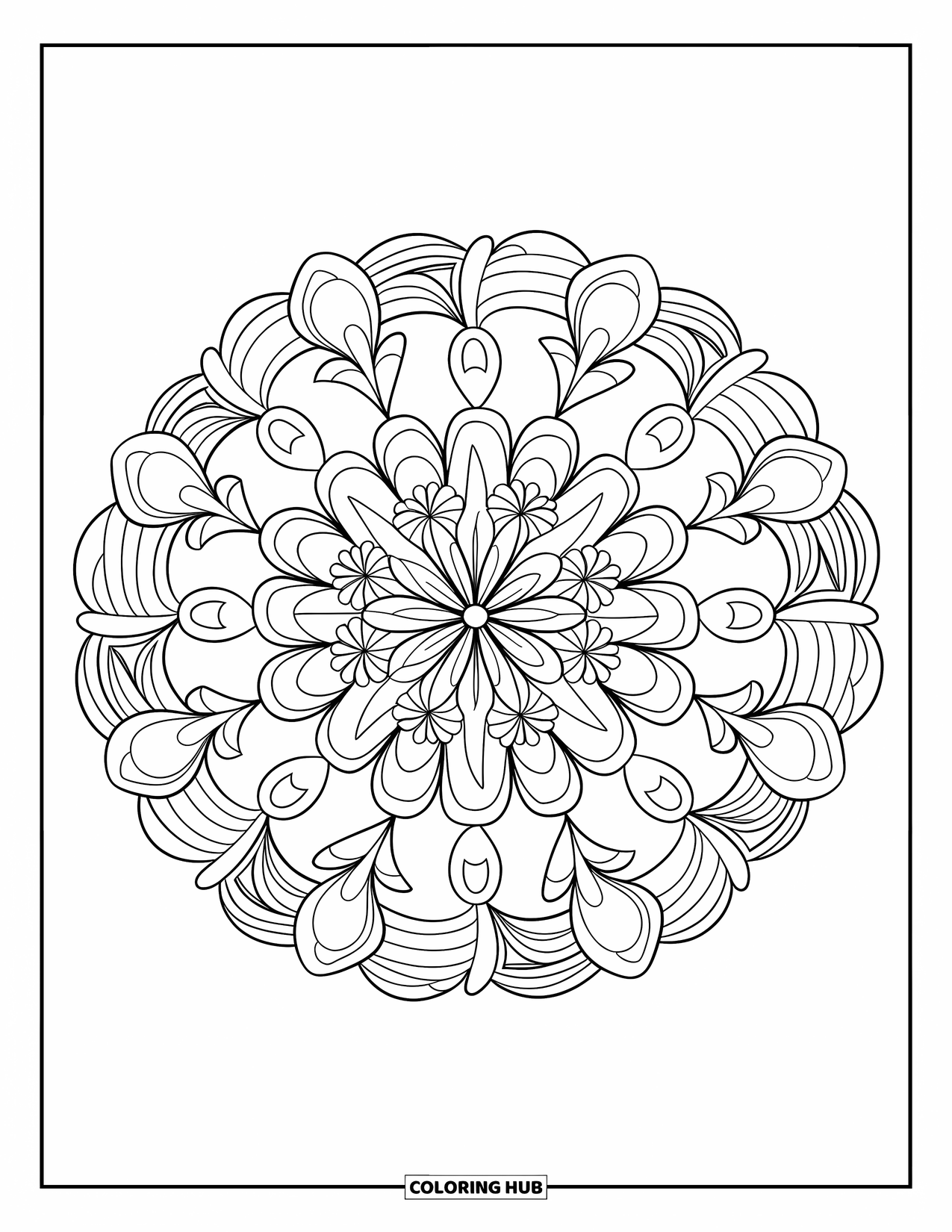Kolorowanka Mandala dla dorosłych: Koncentryczna kwiatowa mandala z ozdobnymi liniami i delikatnymi kształtami