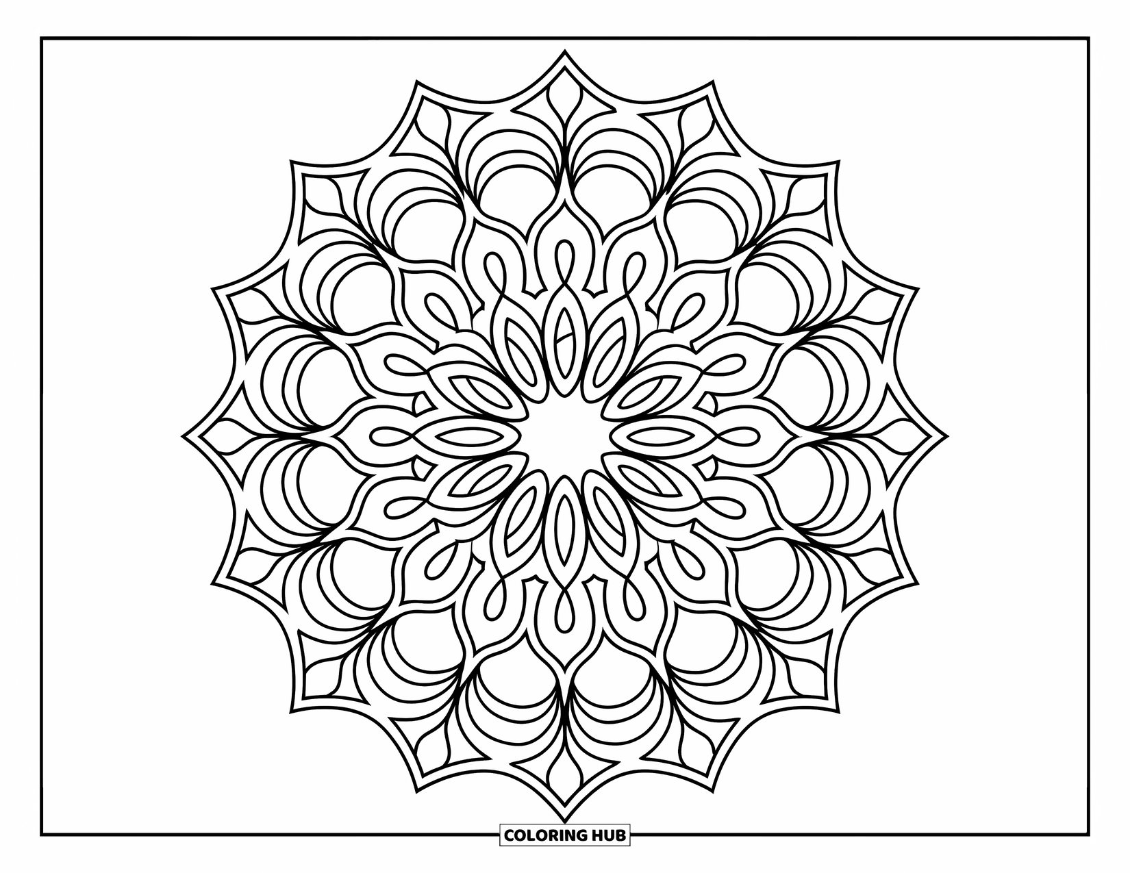 Kolorowanka Mandala dla dorosłych: Koncentryczna mandala w stylu koronki z pętlami płatków i pełnymi wdzięku łukami