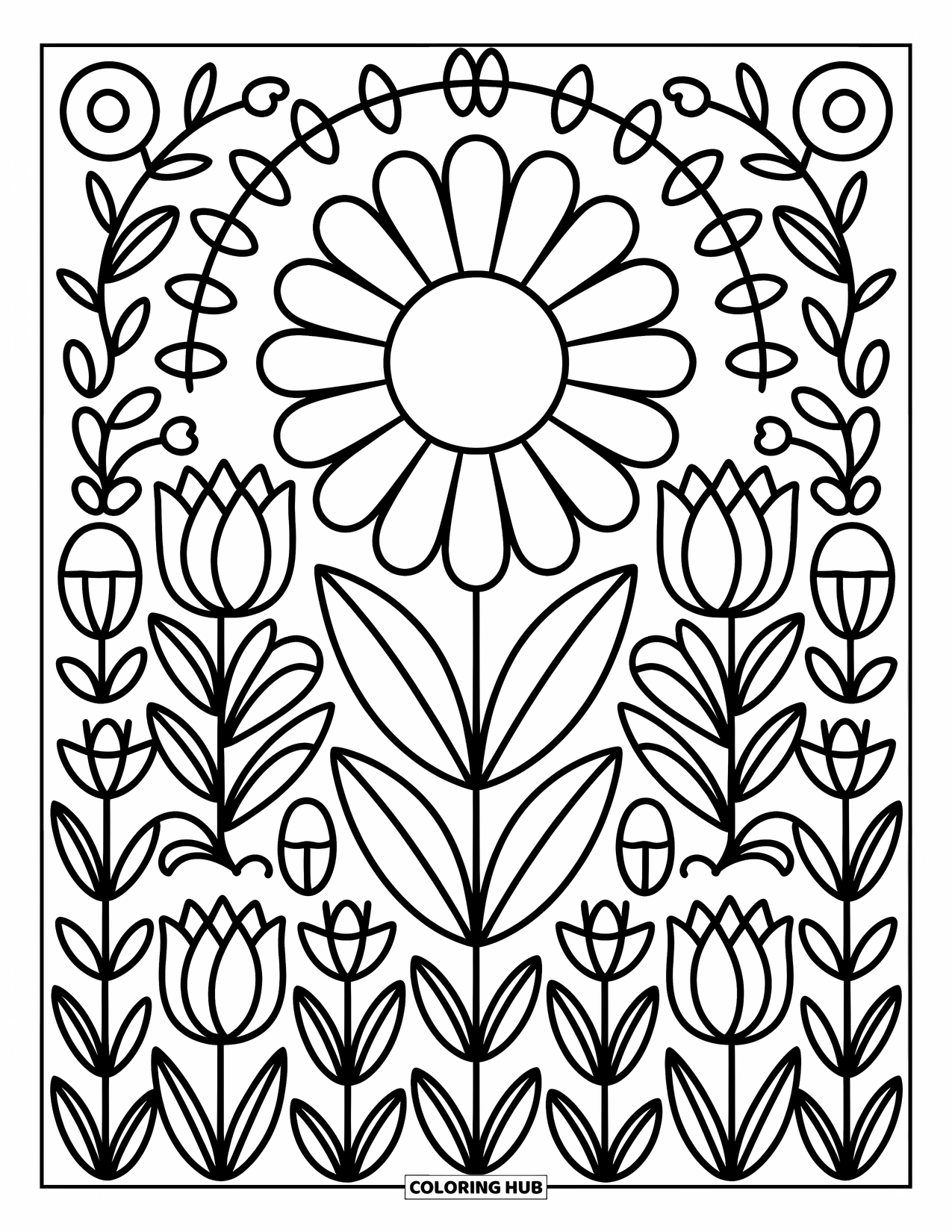 Kolorowanka Mandala dla dorosłych: Stokrotka otoczona różami, tulipanami, pnączami i pąkami w miękkich, powtarzających się okręgach
