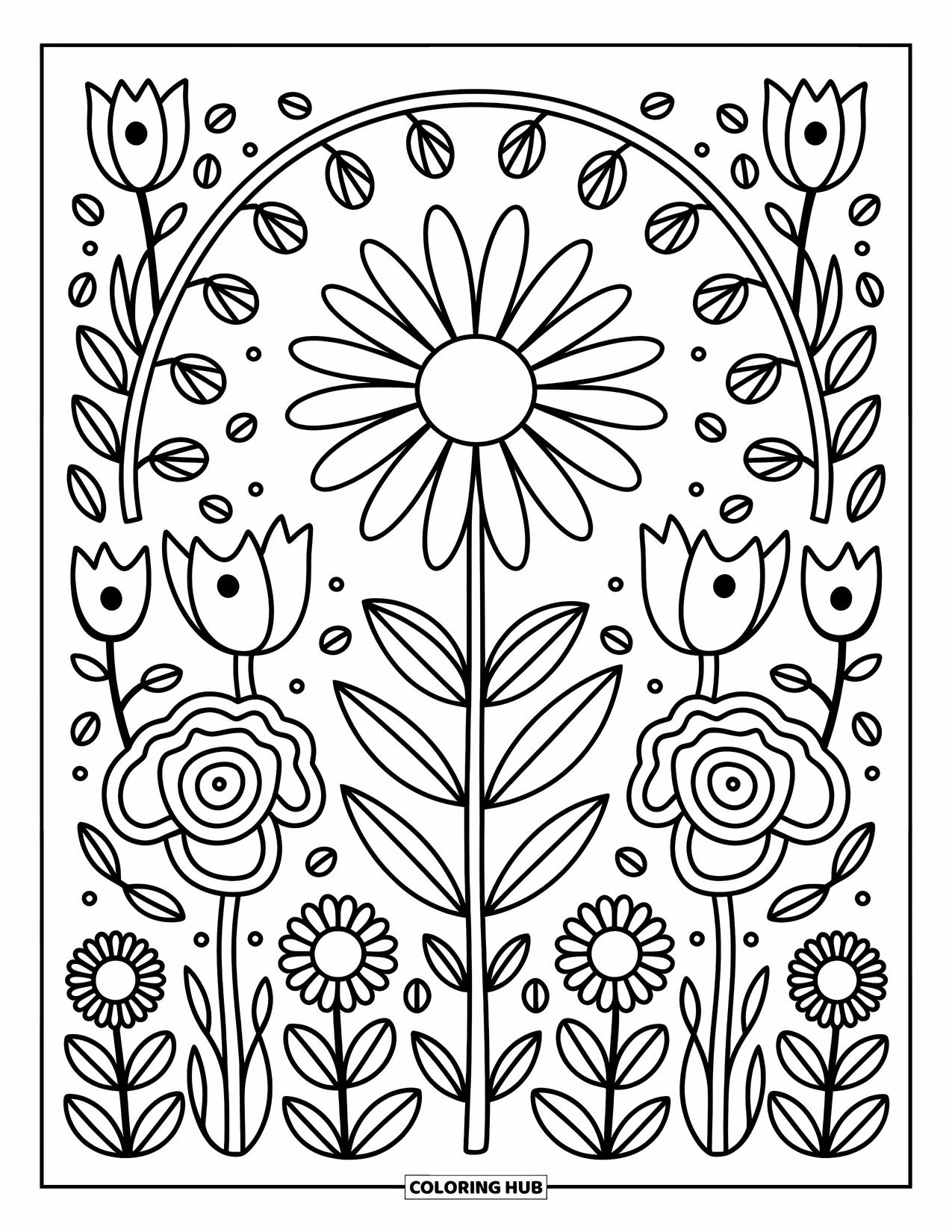 Kolorowanka Mandala dla dorosłych: Stokrotka z warstwami słonecznika i tulipana, spleciona z maleńkimi łodygami i zakręconymi pnączami