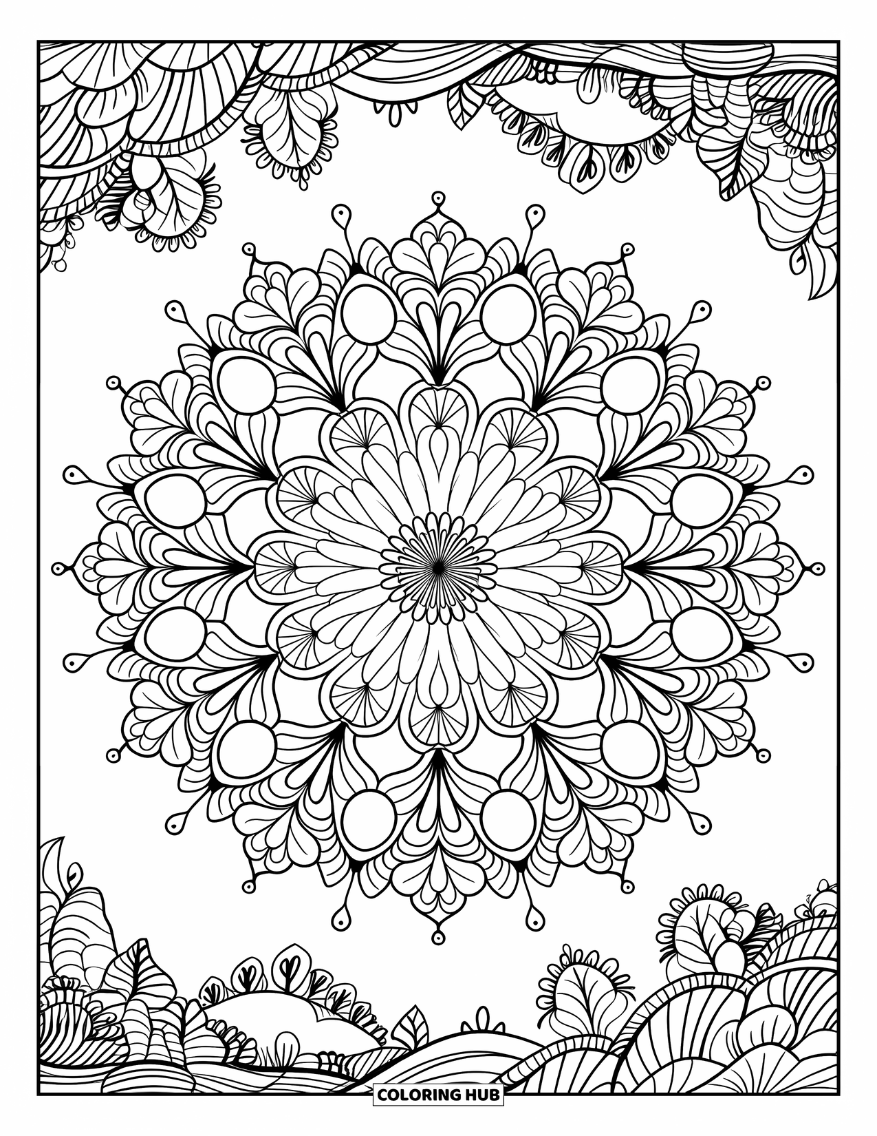Kolorowanka Mandala dla dorosłych: Szczegółowa kwiatowa mandala z elementami krajobrazu, takimi jak góry i woda