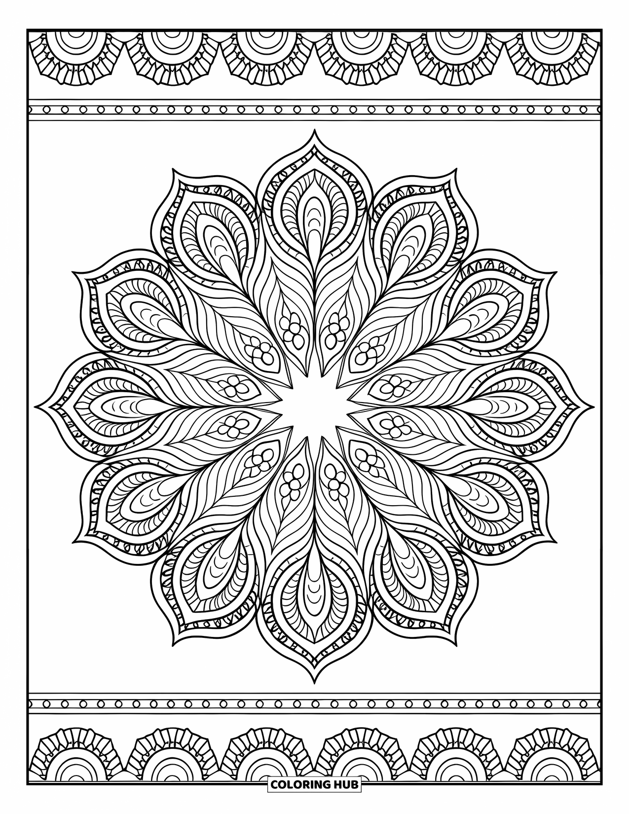 Kolorowanka Mandala dla dorosłych: Szczegółowa mandala z naprzemiennymi kształtami paisley, liści i łezek w pierścieniach