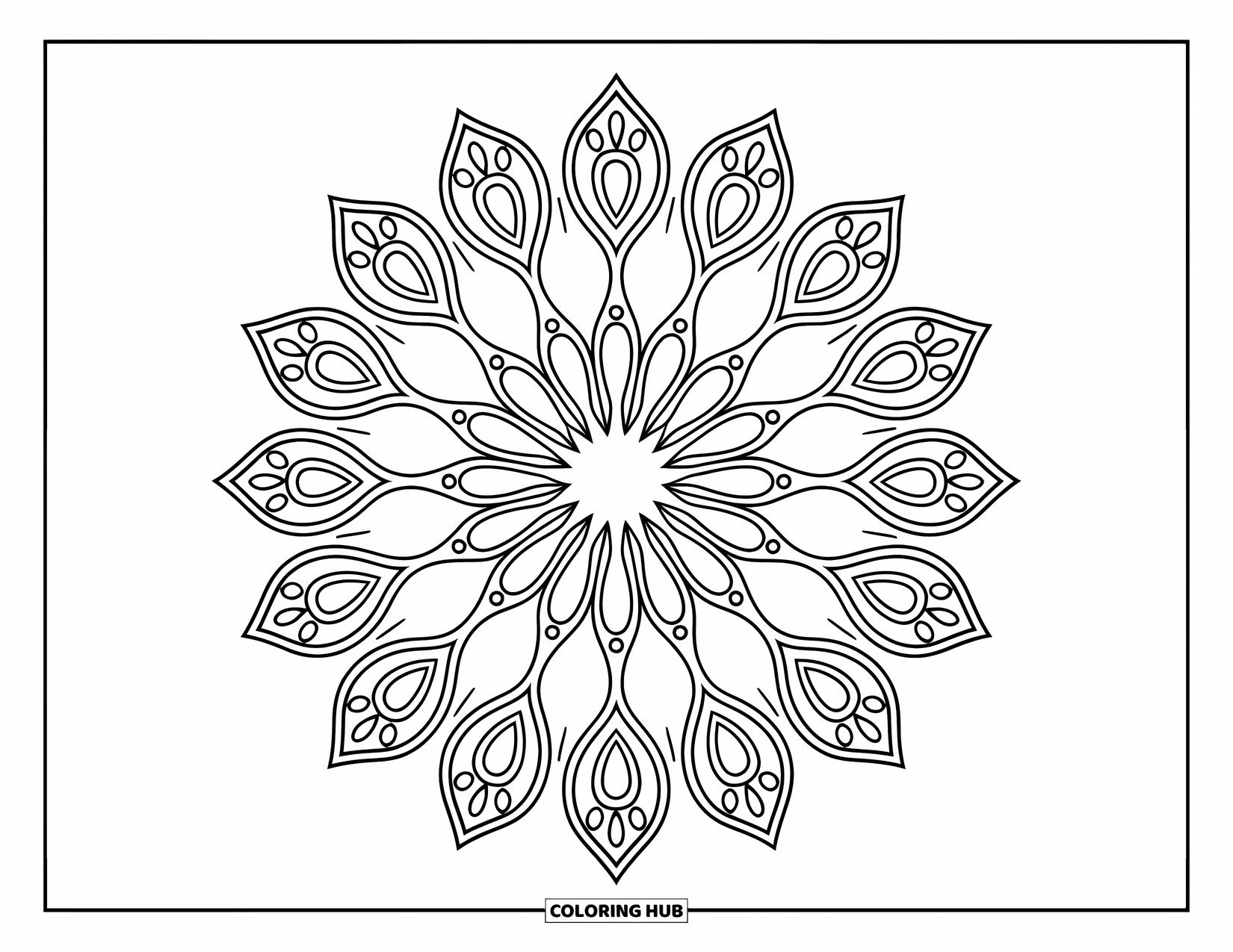 Kolorowanka Mandala dla dorosłych: Elegancka kwiatowa mandala z ozdobnymi kształtami łezek