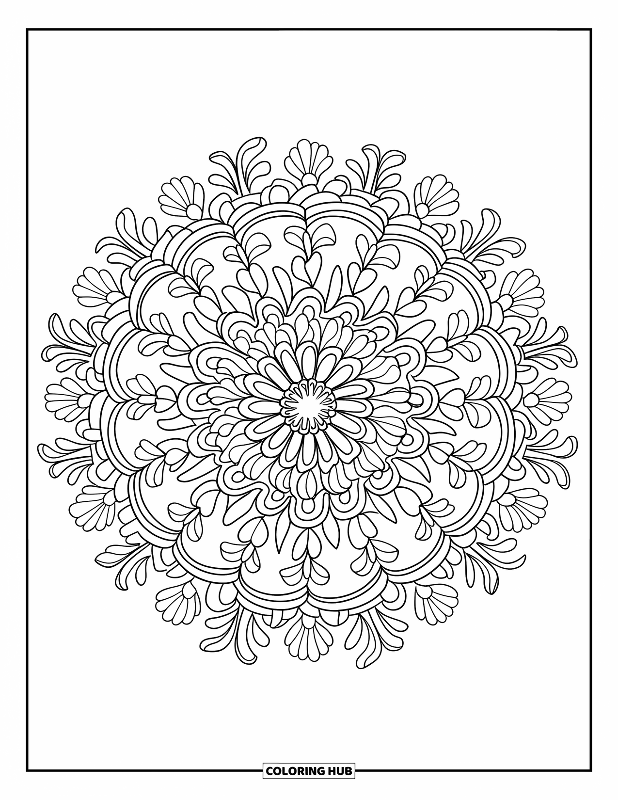 Kolorowanka Mandala dla dorosłych: Elegancka kwiatowa mandala z pierścieniami płatków i szczegółową liniaturą