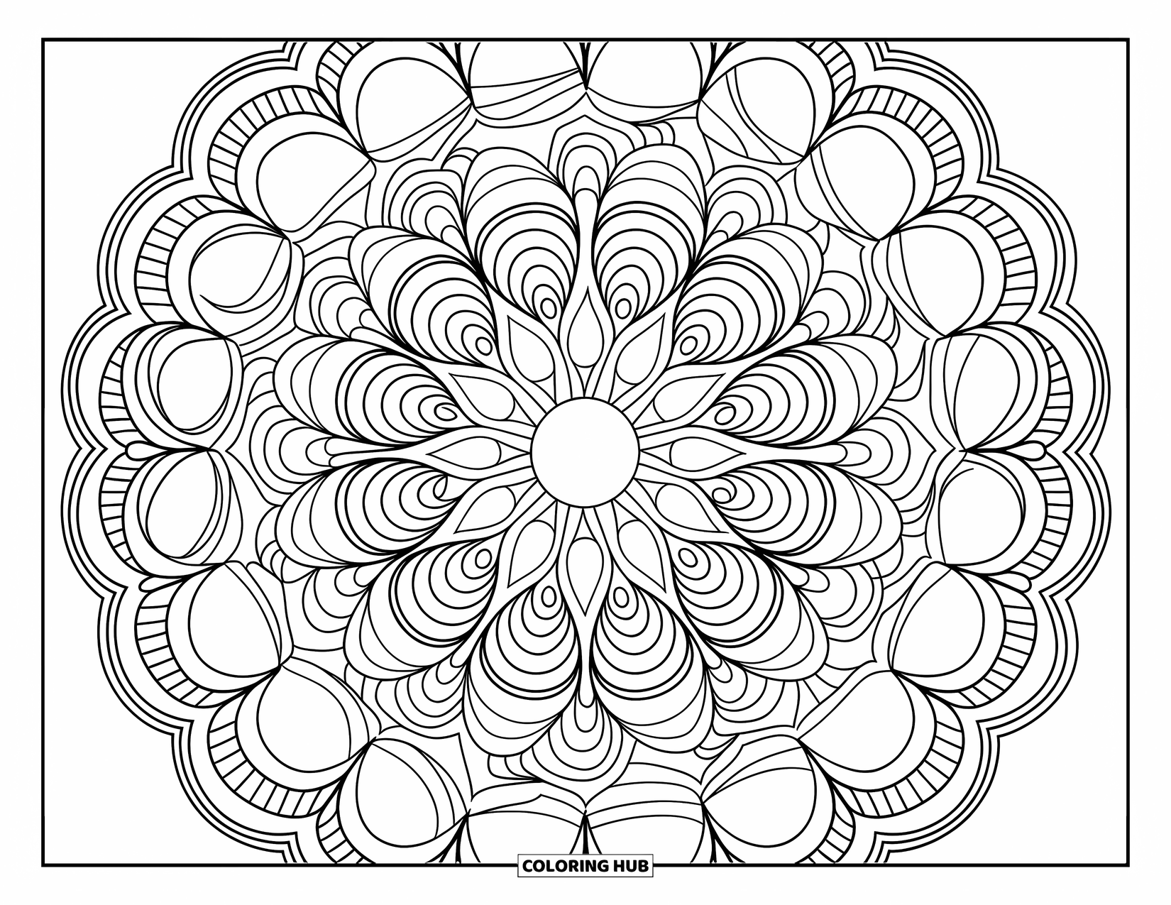 Kolorowanka Mandala dla dorosłych: Elegancka mandala wykonana z łuków, koronkowych pętli i delikatnych płatków