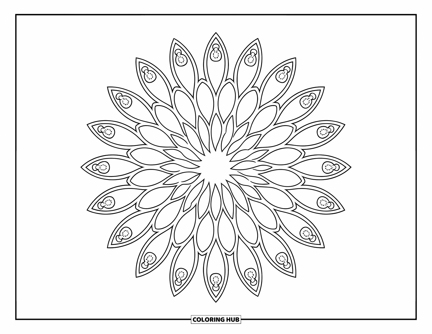 Kolorowanka Mandala dla dorosłych: Kwiatowa mandala wypełniona łezkowymi płatkami wypełnionymi drobnymi ozdobnymi detalami