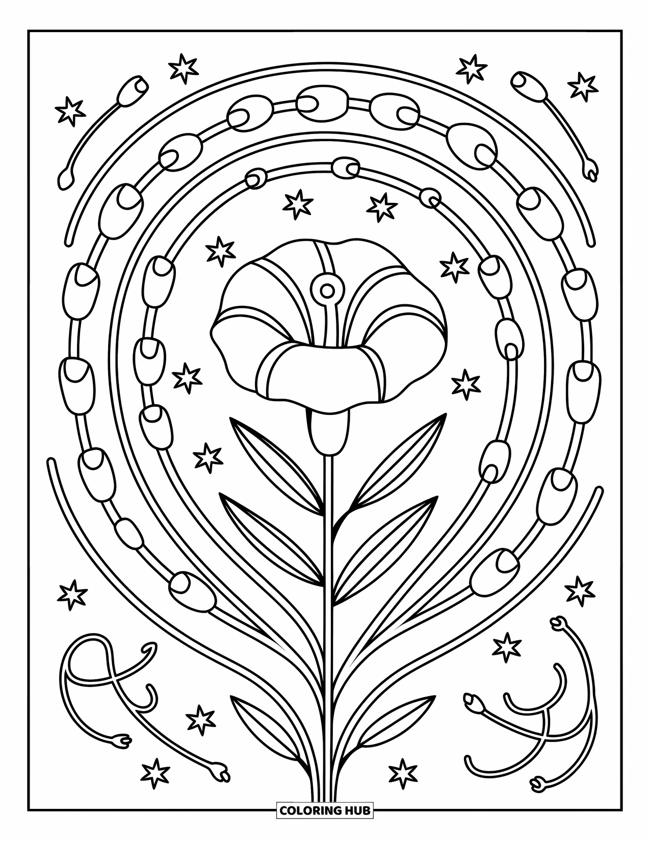 Kolorowanka Mandala dla dorosłych: Kwiatowa mandala z powojami, maleńkimi gwiazdkami i kapryśnymi detalami pnączy
