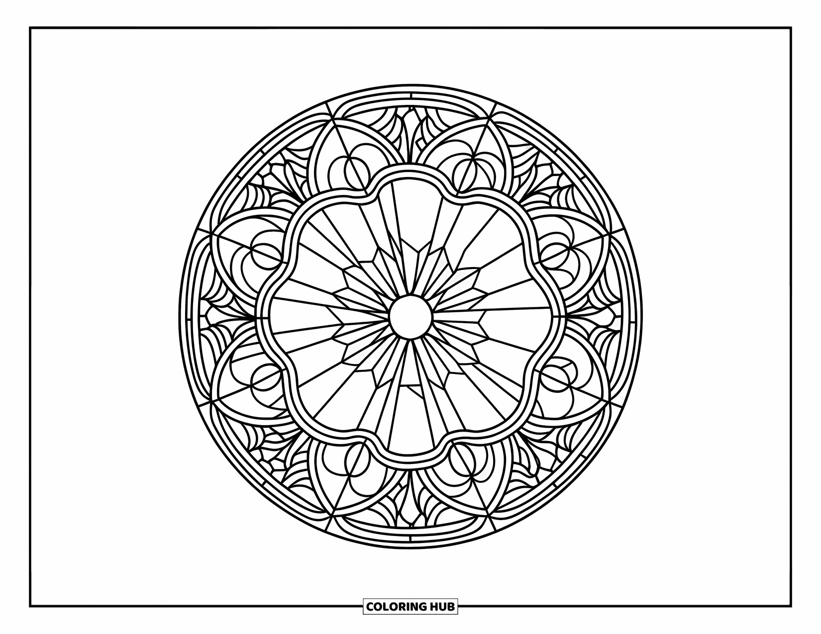 Kolorowanka Mandala dla dorosłych: Geometryczna mandala inspirowana rozetami okiennymi ze szczegółowymi promienistymi sekcjami