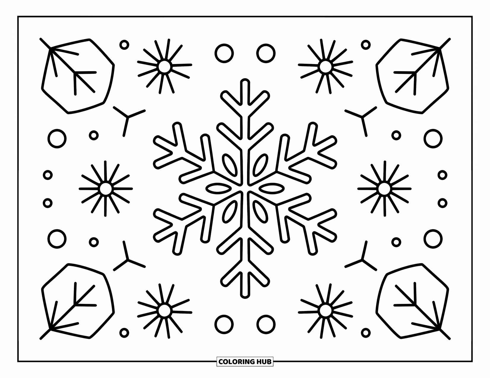 Kolorowanka Mandala dla dorosłych: Geometryczny płatek śniegu z miękkimi kropkami płatków i delikatnymi, zimowymi wirami