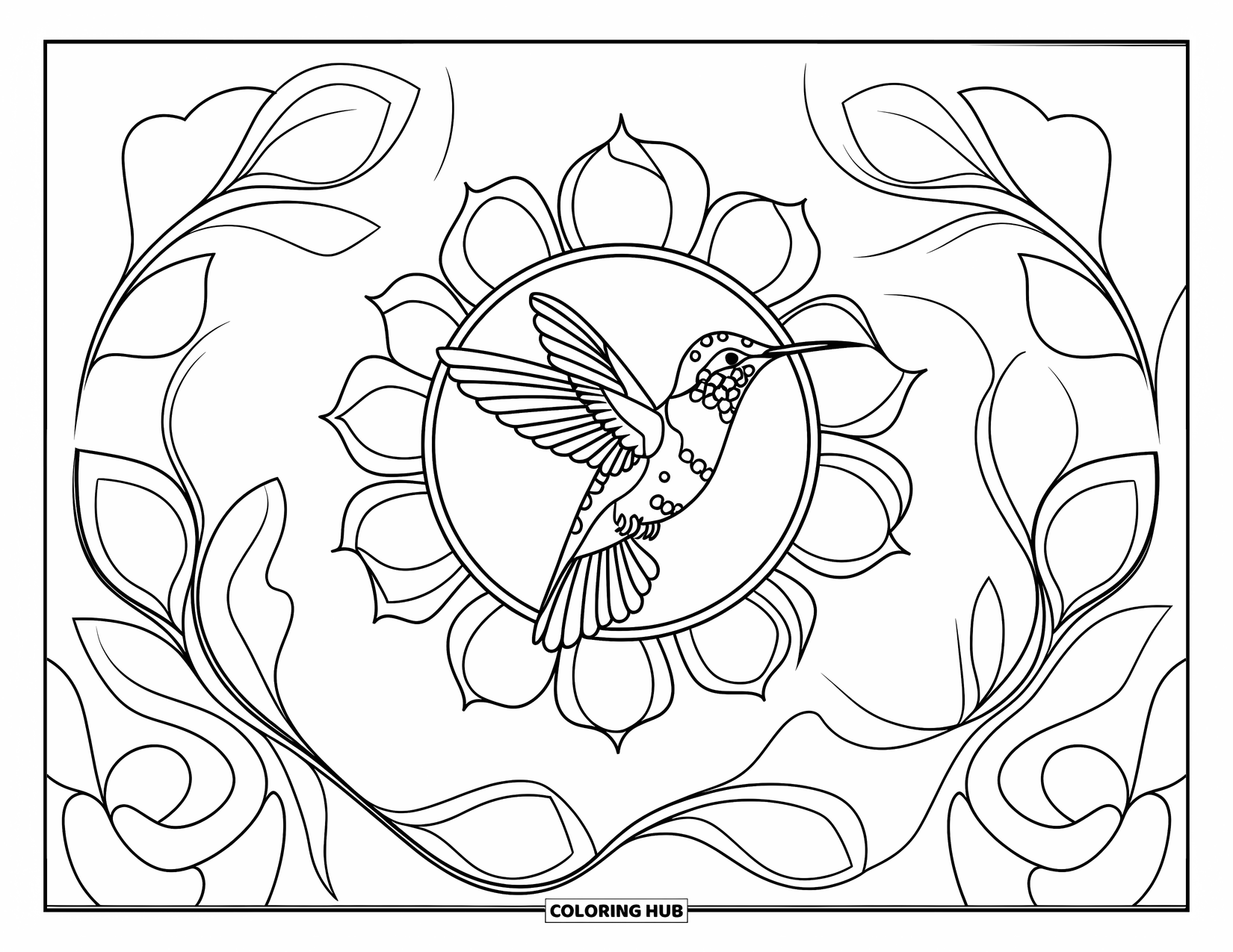 Kolorowanka Mandala dla dorosłych: Koliber latający wśród wirujących płatków i kształtów liści mandali