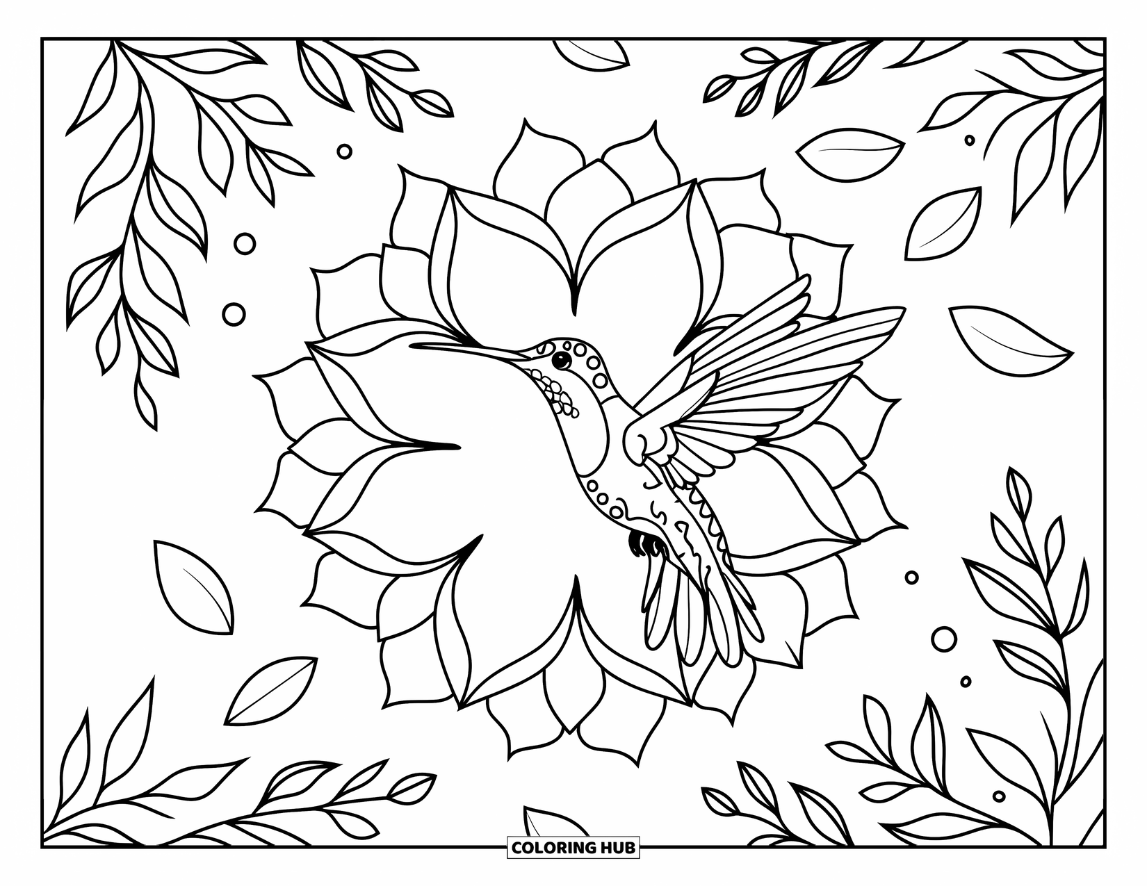 Kolorowanka Mandala dla dorosłych: Koliber szybujący w kierunku kwiatowej mandali z otaczającymi liśćmi