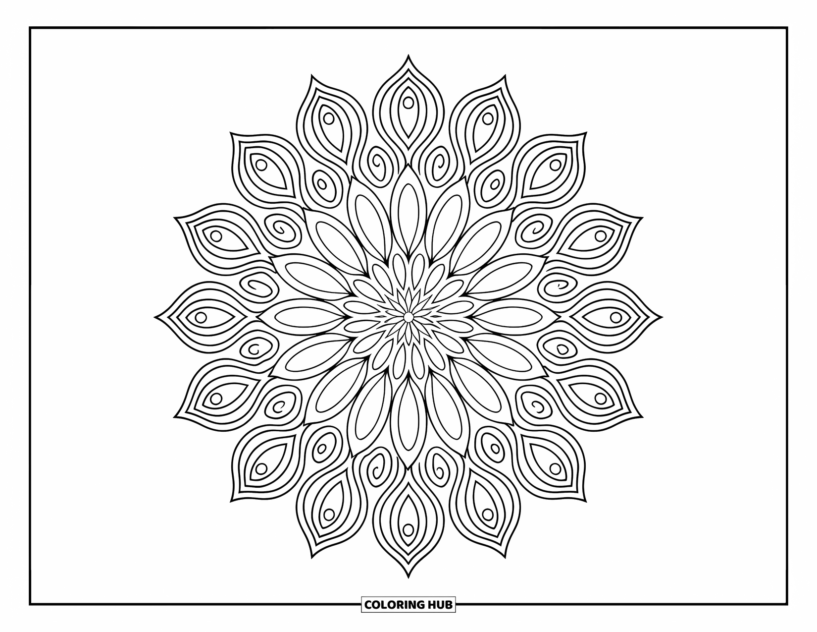 Kolorowanka Mandala dla dorosłych: Skomplikowana kwiatowa mandala z łezkowymi płatkami i ozdobnymi wzorami