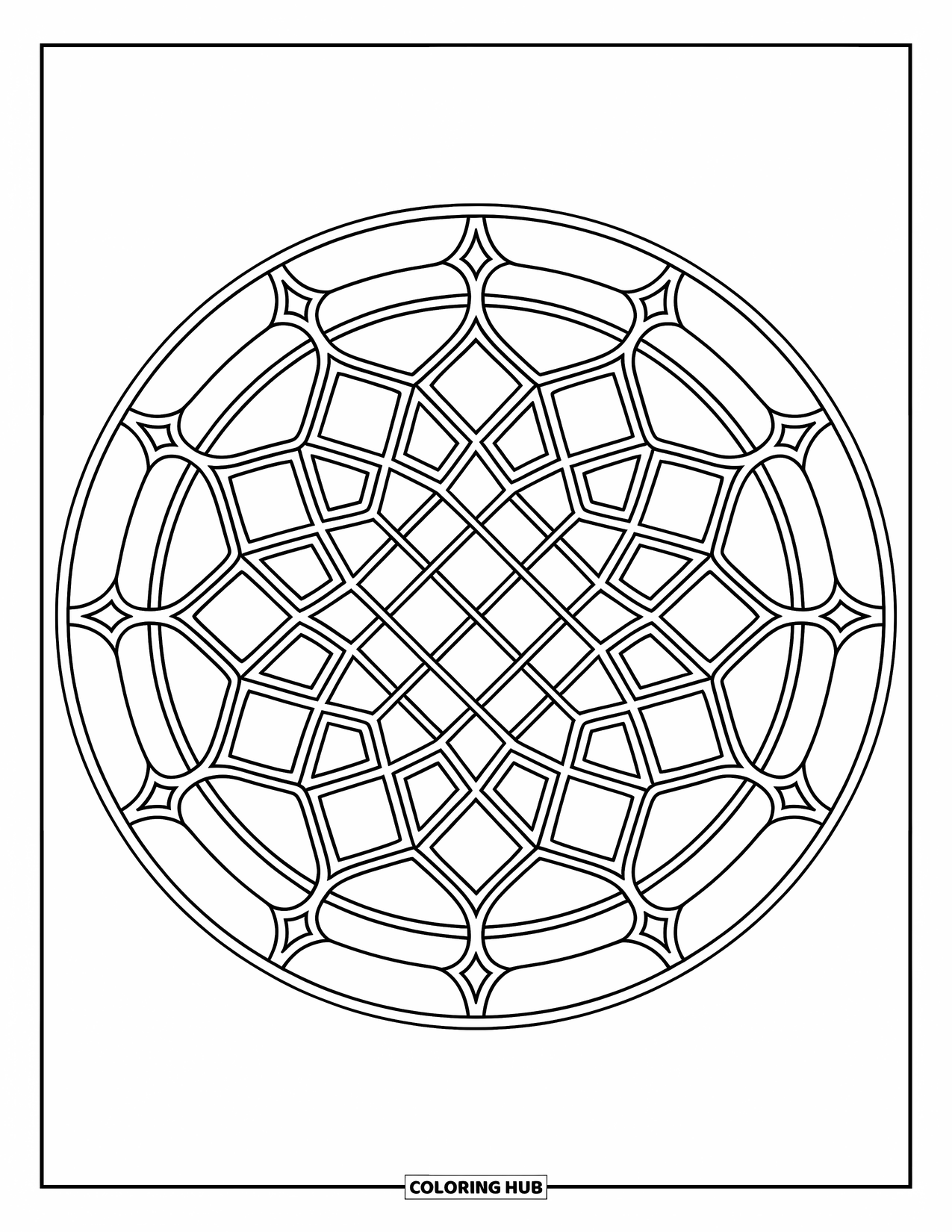 Kolorowanka Mandala dla dorosłych: Skomplikowana mandala ze szczegółami kraty i płynącymi łukami
