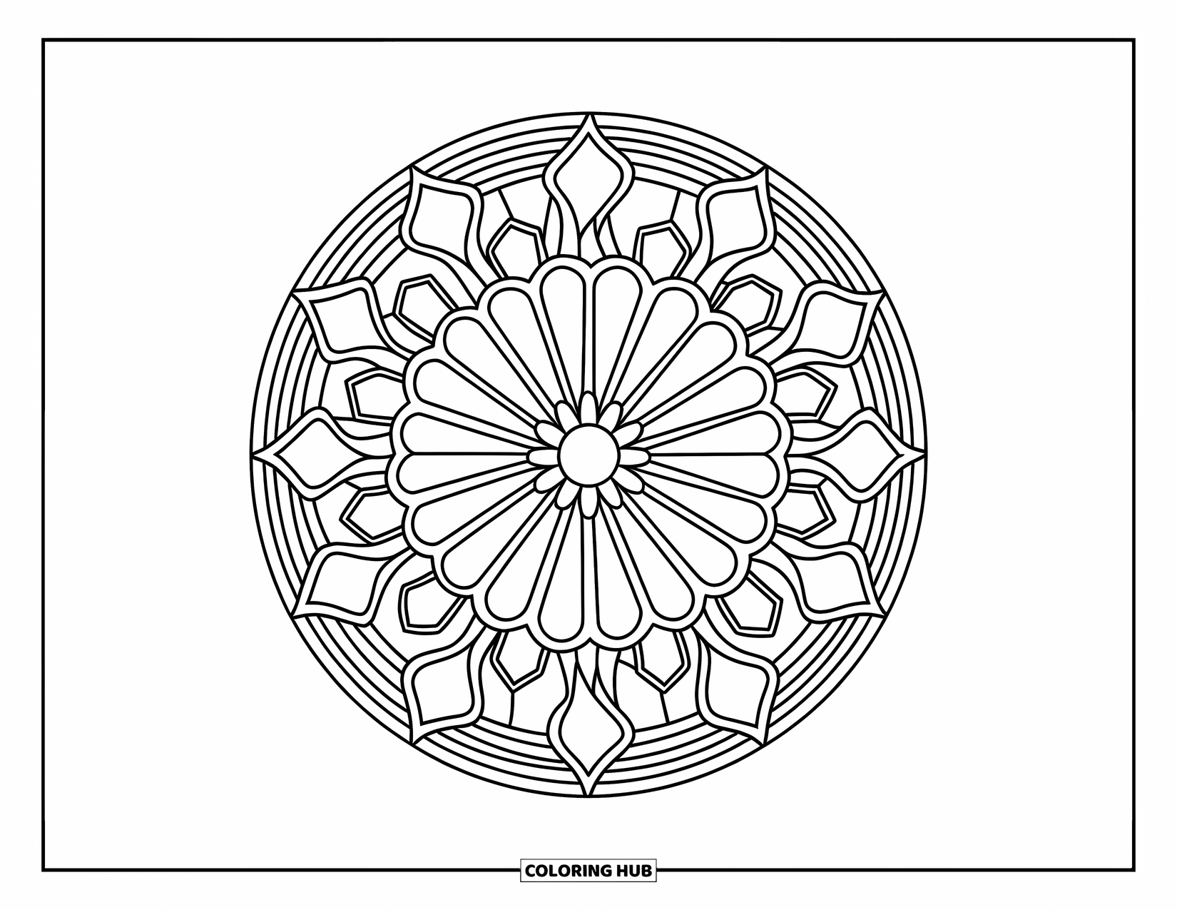 Kolorowanka Mandala dla dorosłych: Skomplikowana mandala z promienistymi segmentami inspirowanymi witrażami