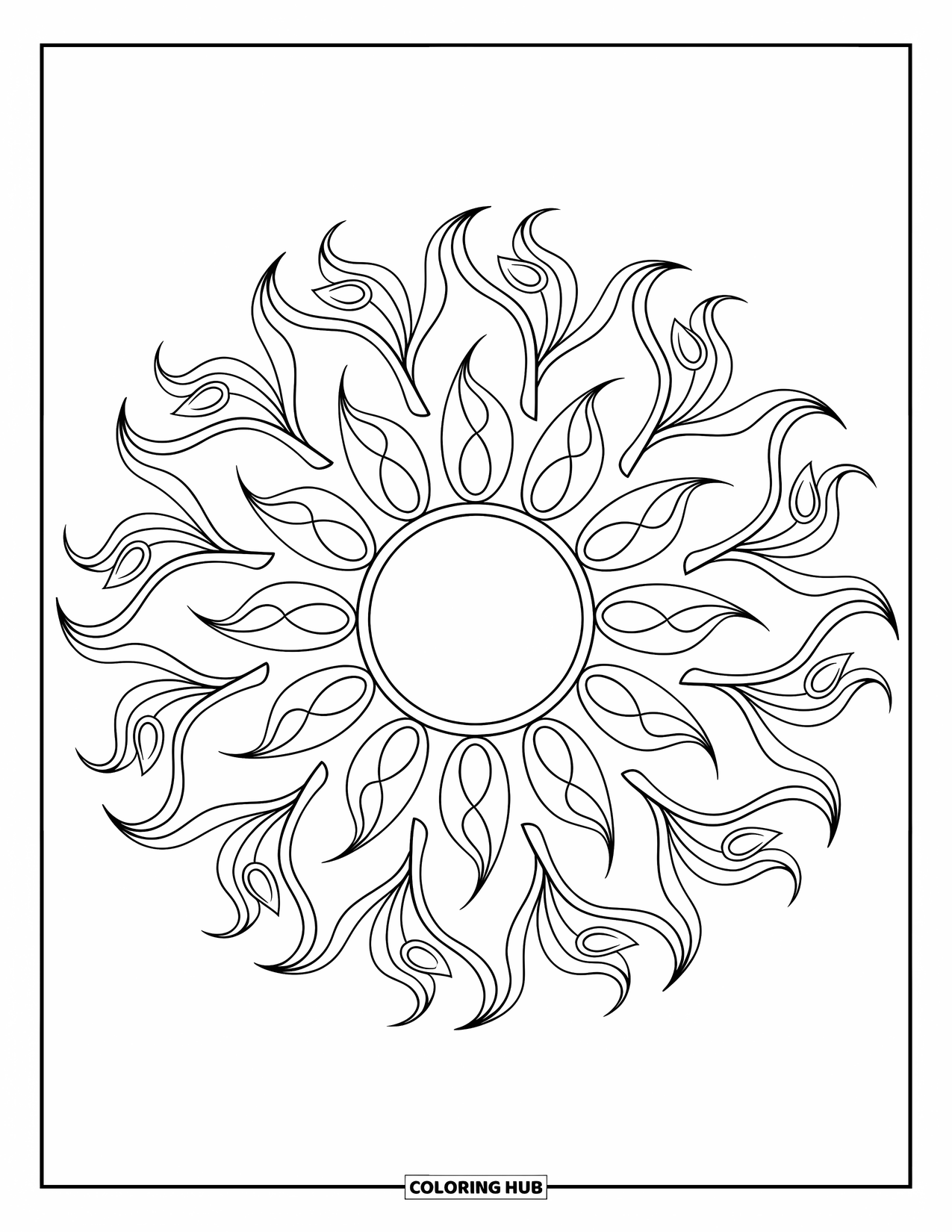 Kolorowanka Mandala dla dorosłych: Skomplikowana mandala słoneczna z powtarzającymi się kształtami płomieni i wirującymi pnączami