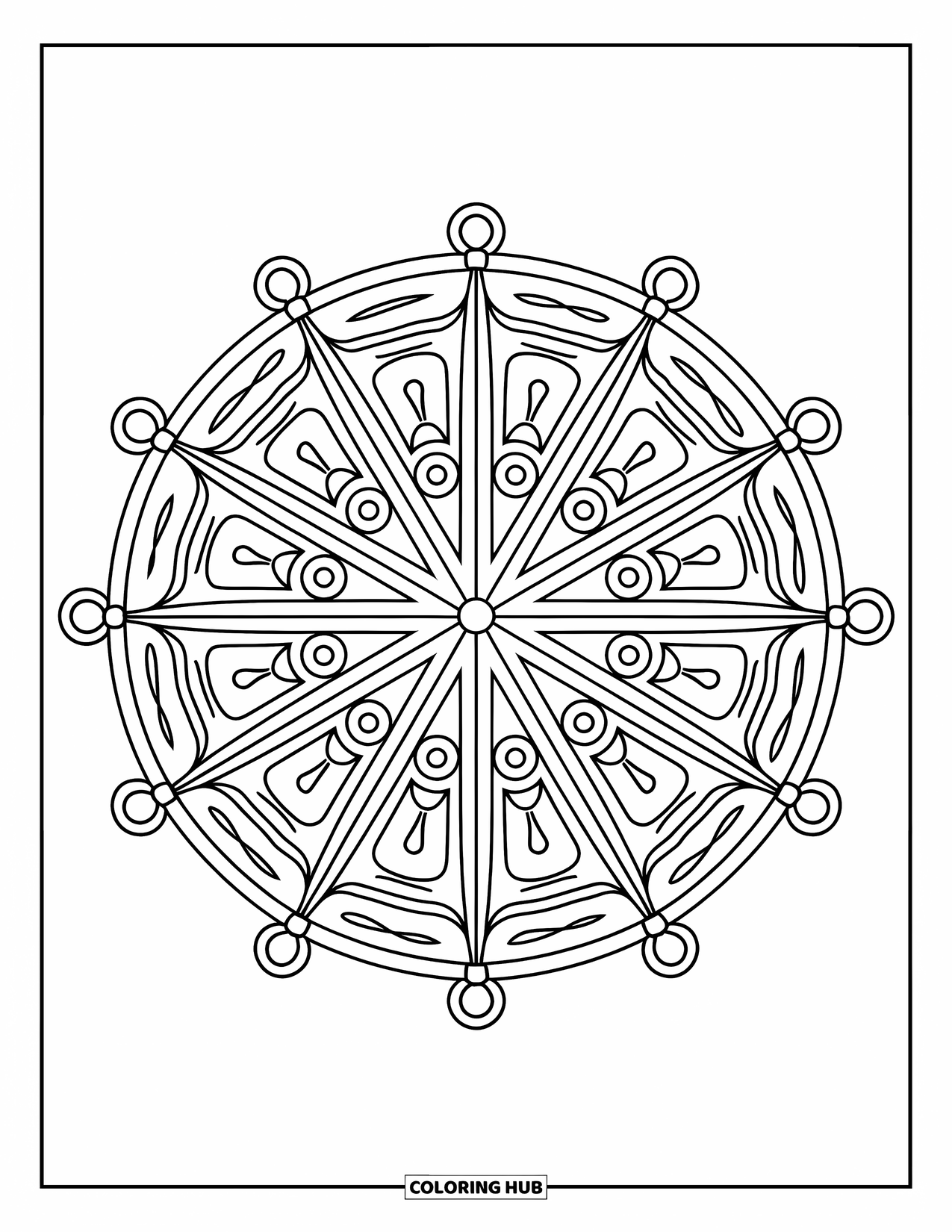 Kolorowanka Mandala dla dorosłych: Skomplikowana mandala koła z dekoracyjnymi podziałami i wyraźnymi konturami