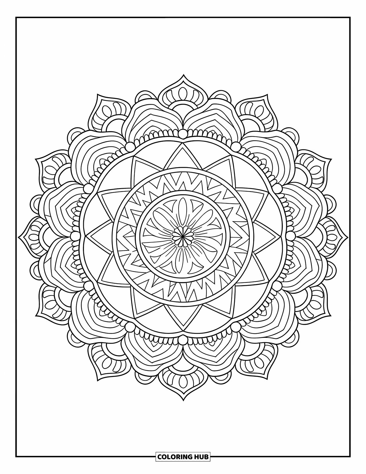 Kolorowanka Mandala dla dorosłych: Warstwowa mandala z diamentami, łukami i drobnymi zwojami