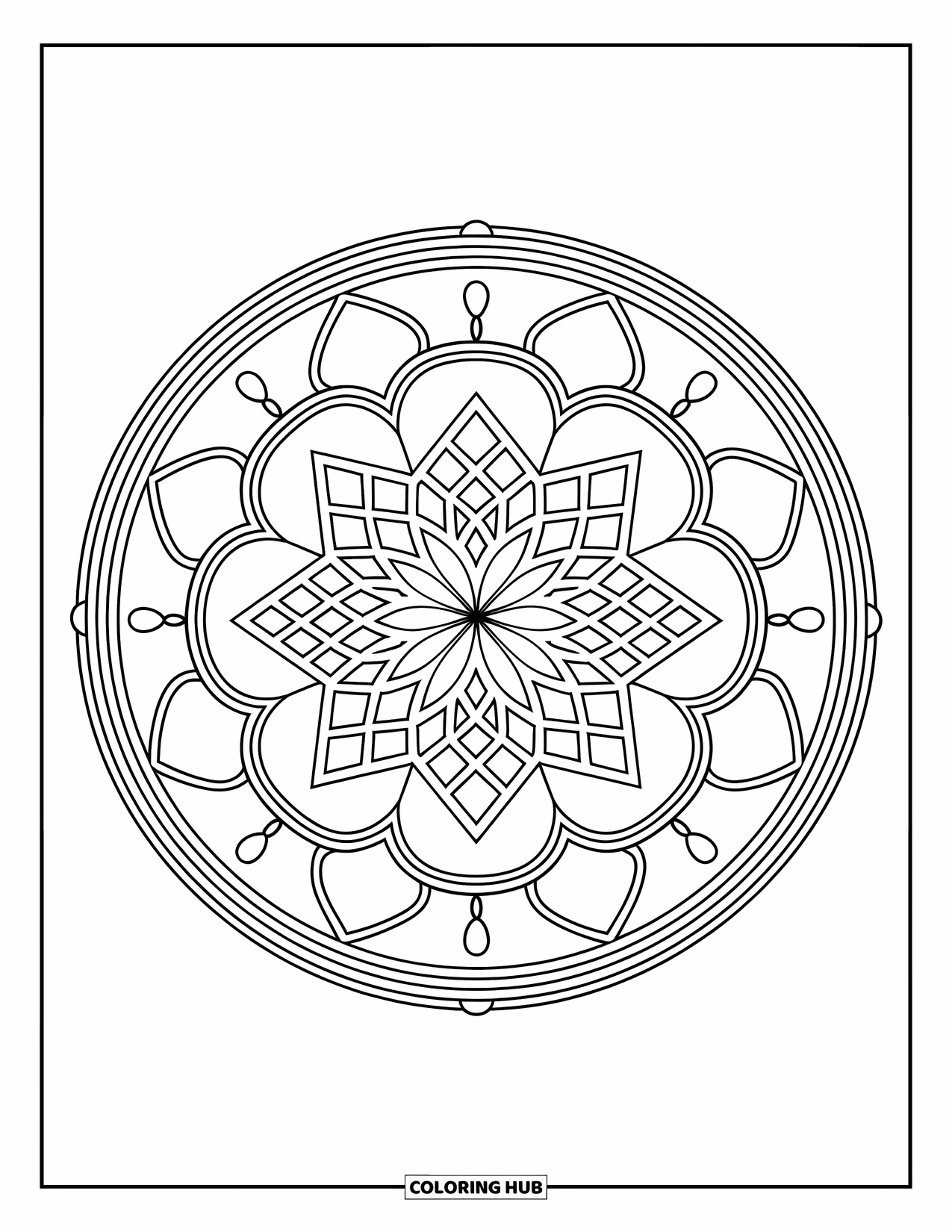 Kolorowanka Mandala dla dorosłych: Warstwowa mandala z diamentową kratą i pełnymi wdzięku wzorami zwojów