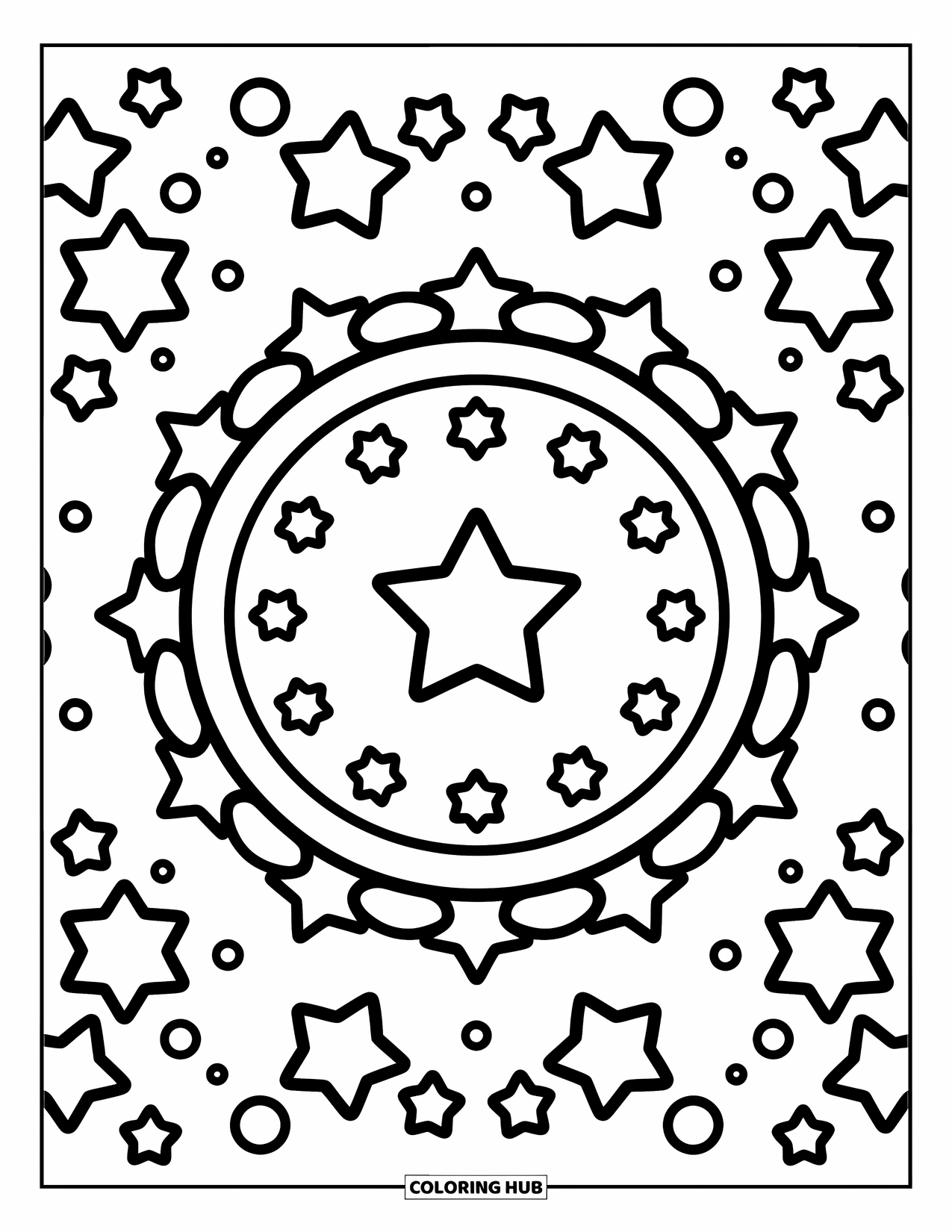 Kolorowanka Mandala dla dorosłych: Warstwowe kształty gwiazd z maleńkimi iskierkami i okręgami w zabawnym, kosmicznym wzorze