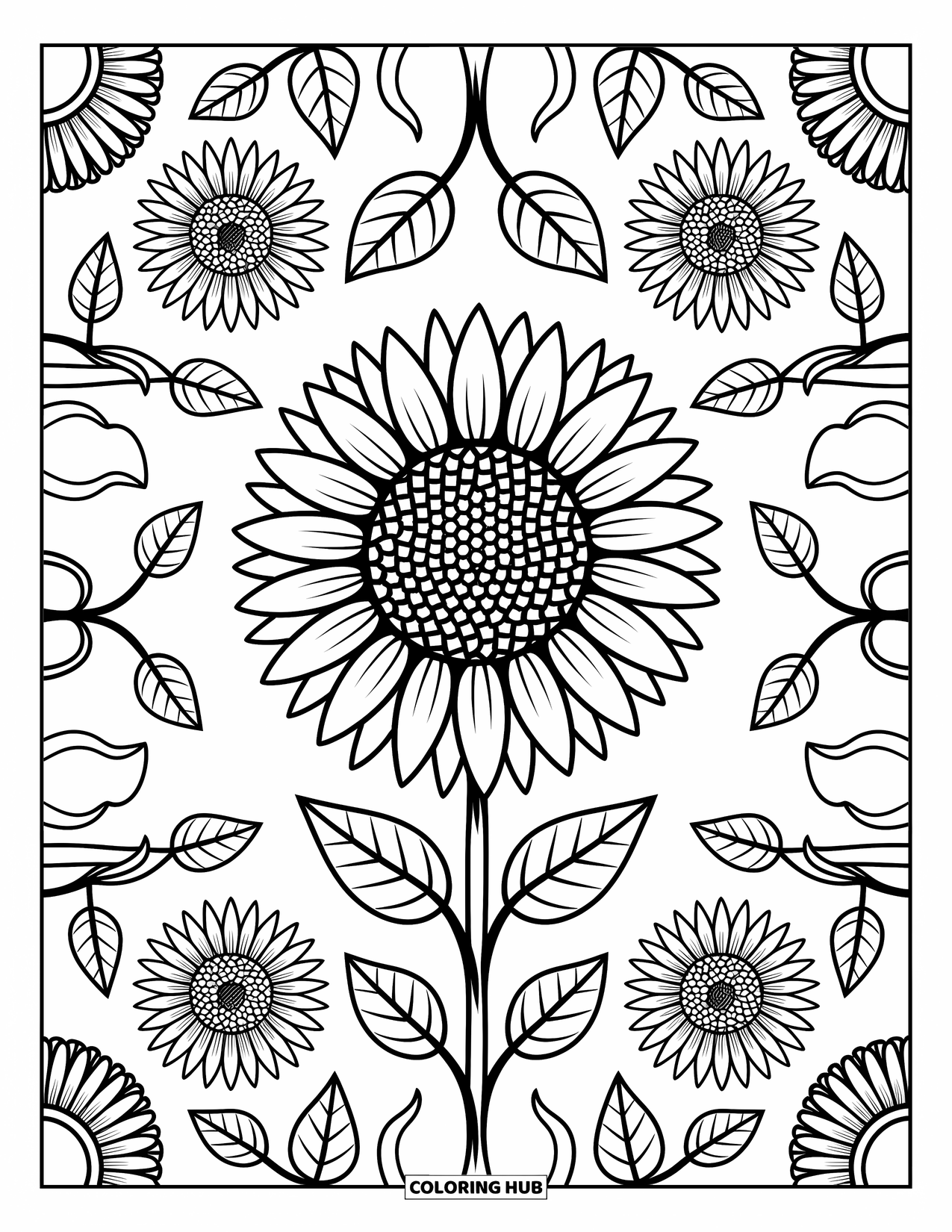 Kolorowanka Mandala dla dorosłych: Warstwowe płatki słonecznika z nasionami, liśćmi i kropkowanymi pierścieniami