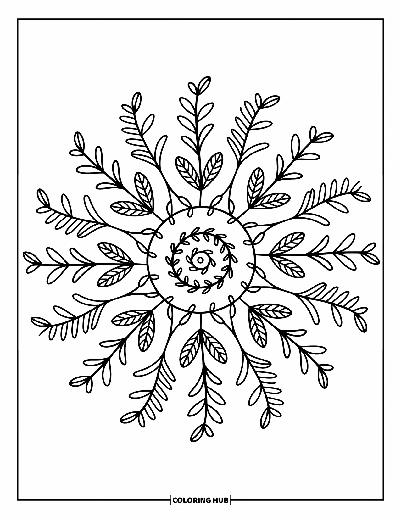 Kolorowanka Mandala dla dorosłych: Liściasta mandala z pnączami, paprociami i klastrami kropek w miękkich wzorach