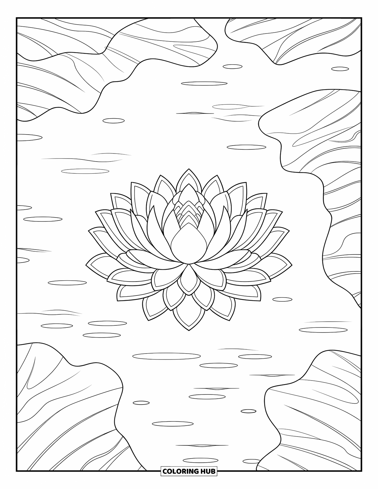 Kolorowanka Mandala dla dorosłych: Kwiat lotosu unoszący się na spokojnej scenie stawu