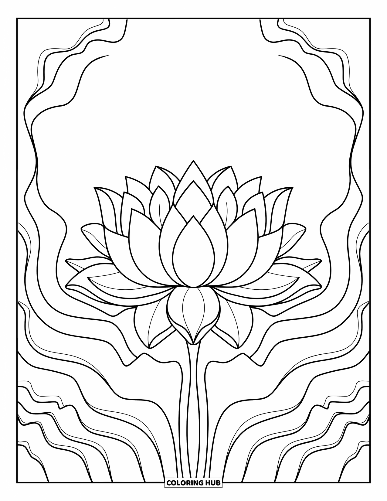 Kolorowanka Mandala dla dorosłych: Kwiat lotosu z warstwowymi płatkami i miękkimi krzywiznami liści