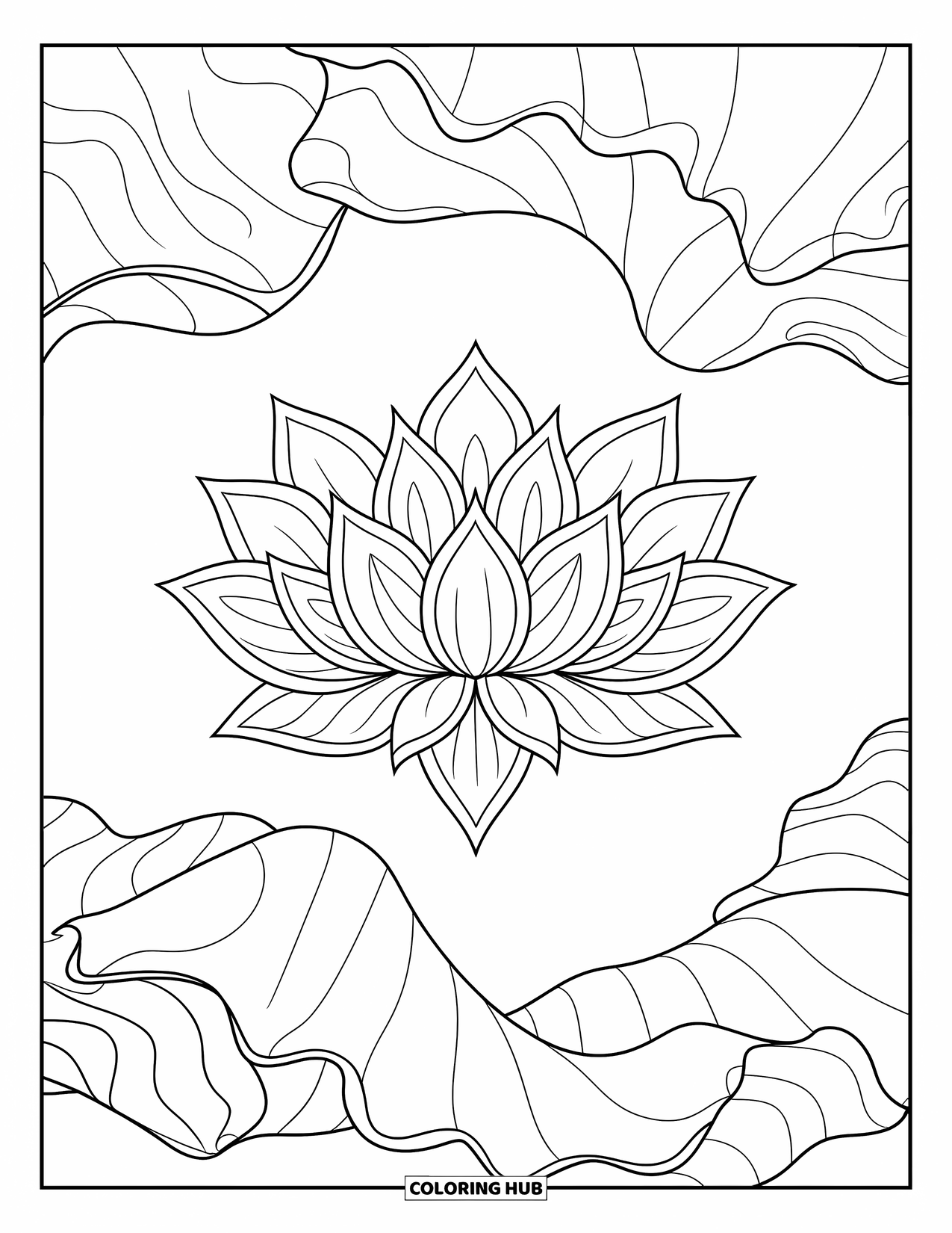 Kolorowanka Mandala dla dorosłych: Lotos z symetrycznymi płatkami i płynnymi konturami liści