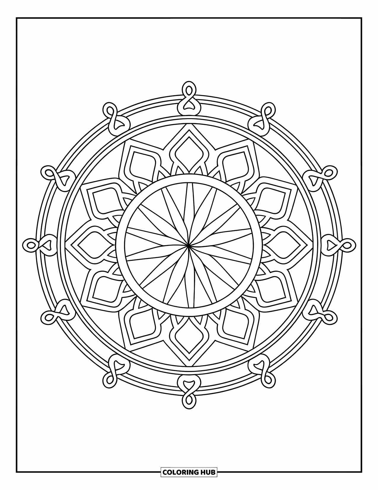 Kolorowanka Mandala dla dorosłych: Mandala z diamentowymi kratami i eleganckimi ornamentami wokół krawędzi
