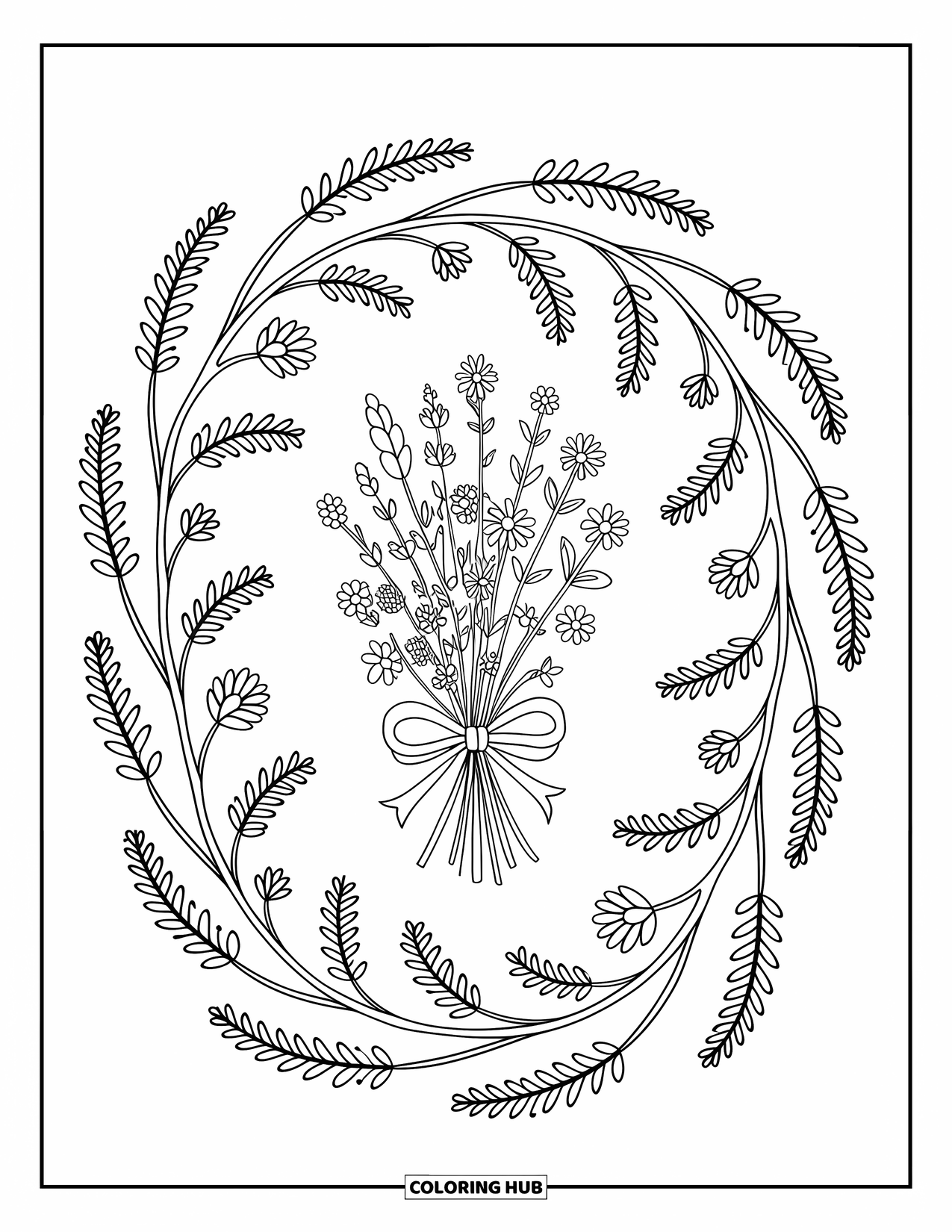 Kolorowanka Mandala dla dorosłych: Mini bukiet z gałązkami i strąkami tworzącymi delikatny, swobodny, kwiatowy okrąg